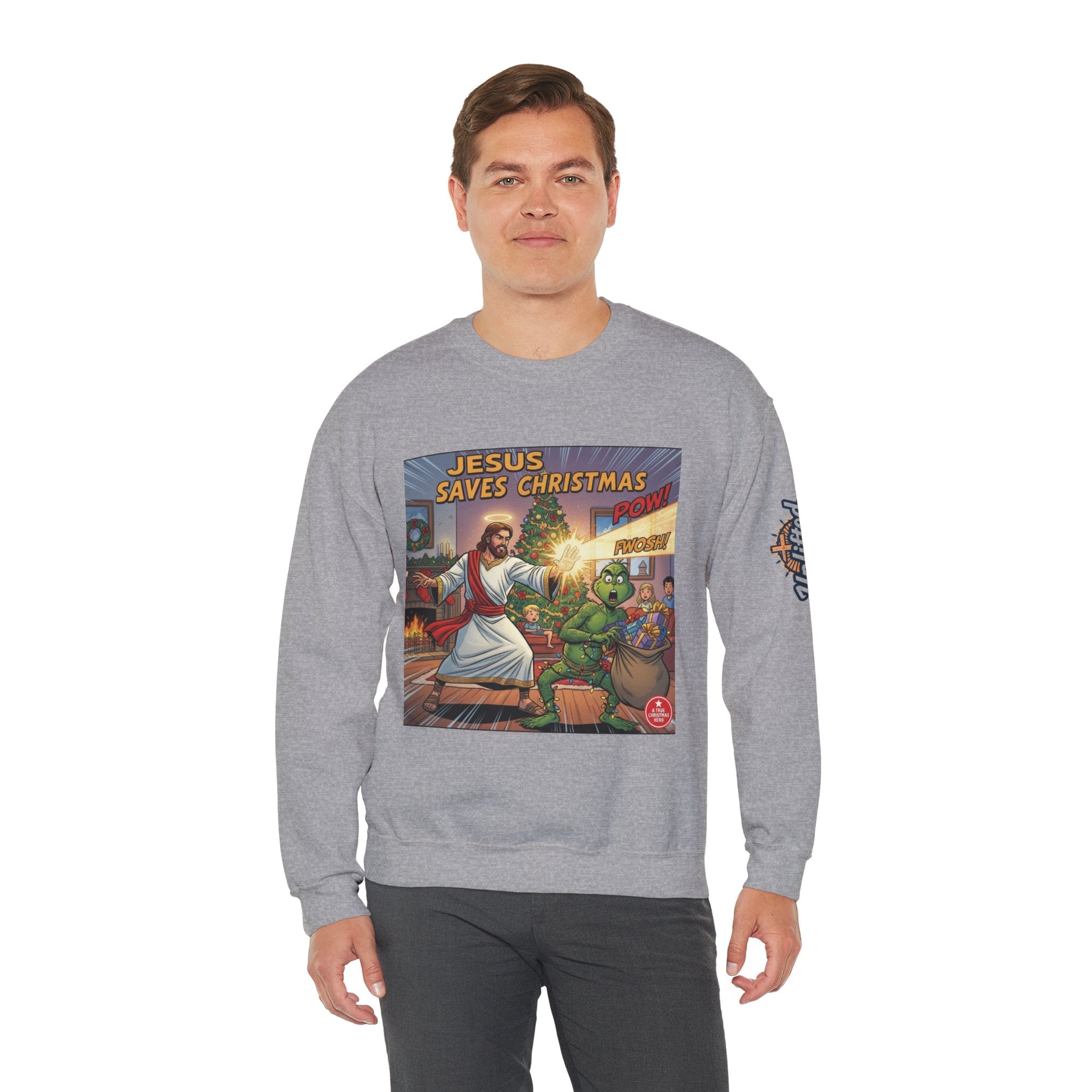 Jesus Saves Christmas Sweatshirt – Grinch vs Savior Light Battle Christian Sweatshirt for Hilarious Holiday Faith & True Joy Printify