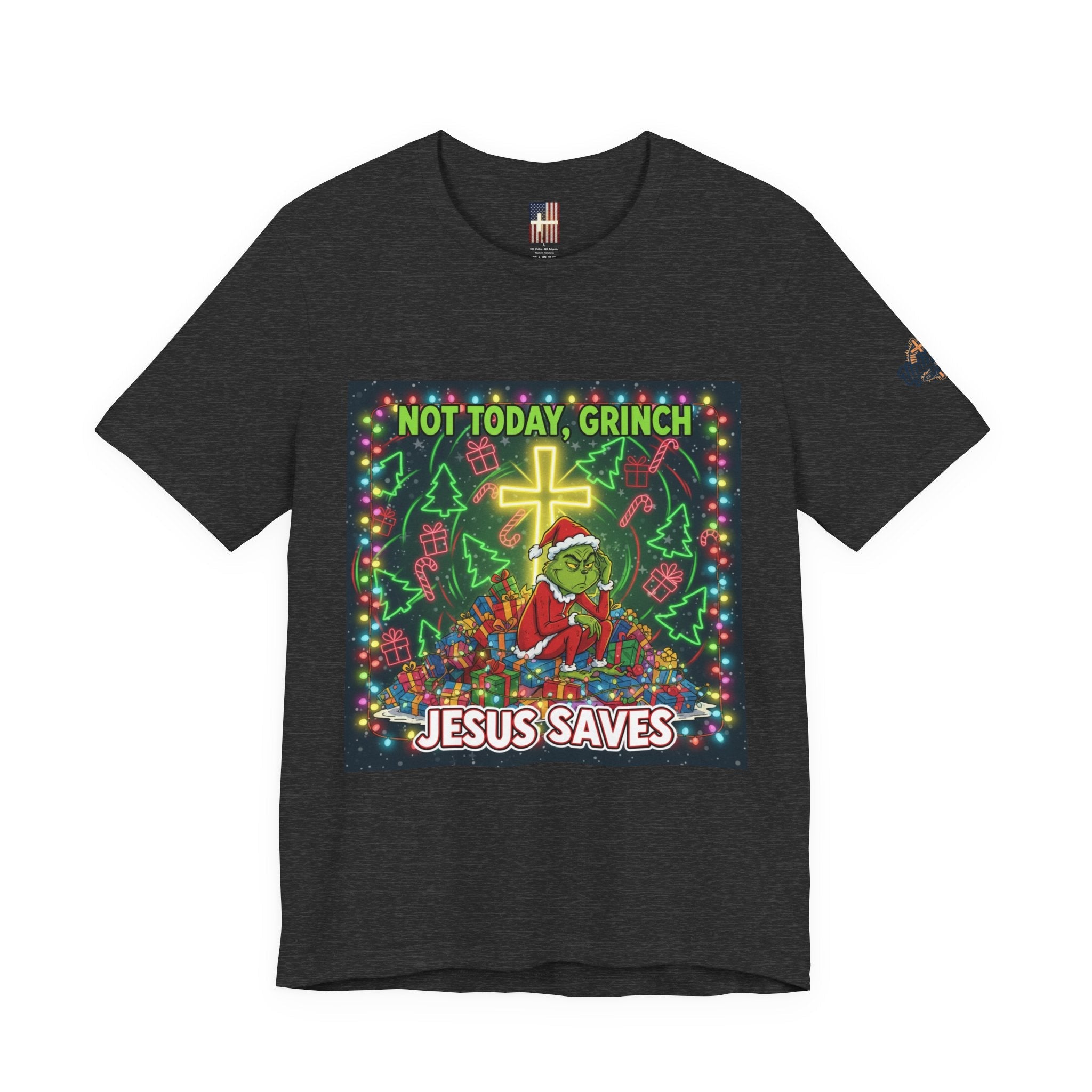 🎄 Not Today, Grinch – Jesus Saves | Funny Christian Christmas T-Shirt | Festive Green & Red Cartoon Style | Bold Faith Holiday Tee by Uplifted Gear Printify