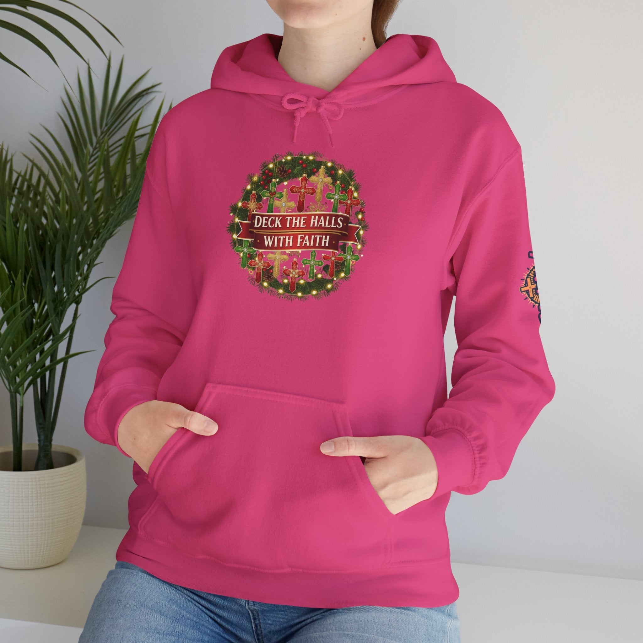 🎄 Deck the Halls with Faith – Christian Christmas Hoodie | Cross Ornament Design & Festive Garland | Bold Holiday Faith Tee by Uplifted Gear Printify