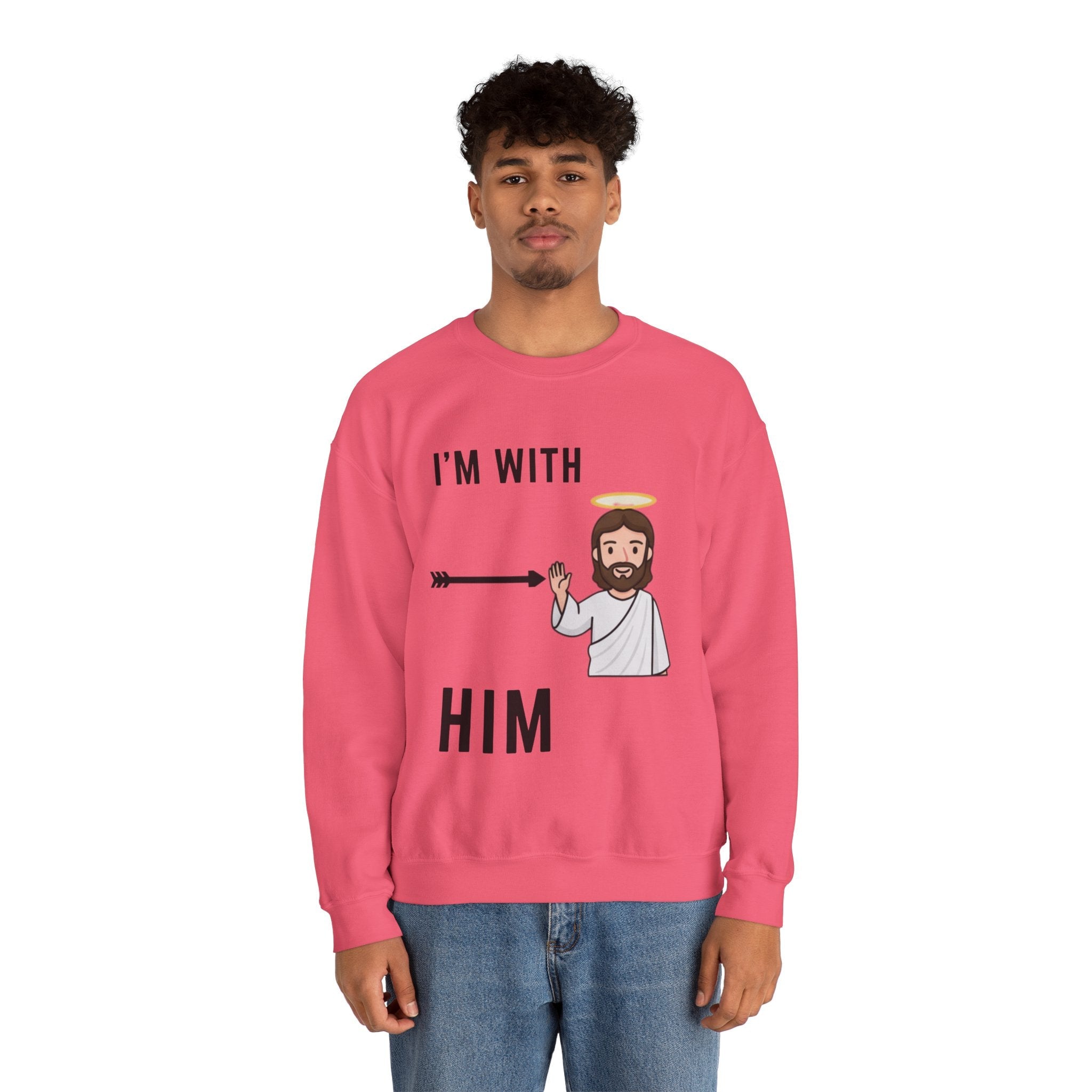🔥 I’m With Him → Christian Sweatshirt | Arrow Pointing to Jesus | Minimalist Faith Tee | Subtle Cross Design | Bible-Inspired Apparel by Uplifted Gear Printify