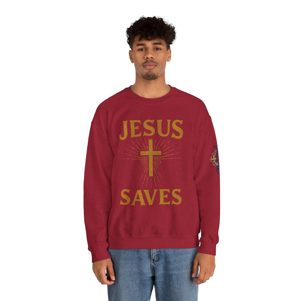 Jesus Saves Sweatshirt – Radiant Cross & Rays of Light Christian Sweatshirt for Eternal Hope & Faith Printify