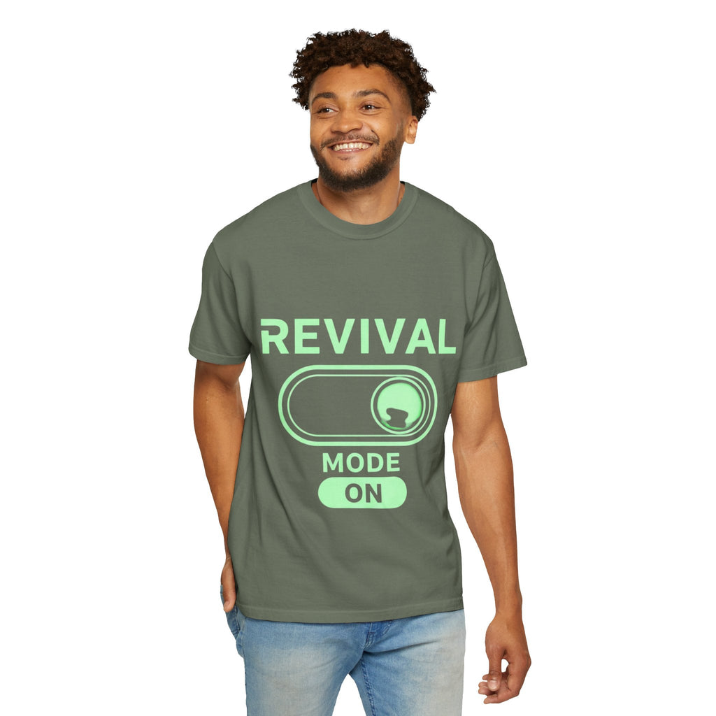 🔥 Revival Mode: ON – Christian Techwear T-Shirt | Glowing Green Faith Switch | Futuristic Jesus Shirt | Activate Your Spiritual Awakening | Uplifted Gear Printify