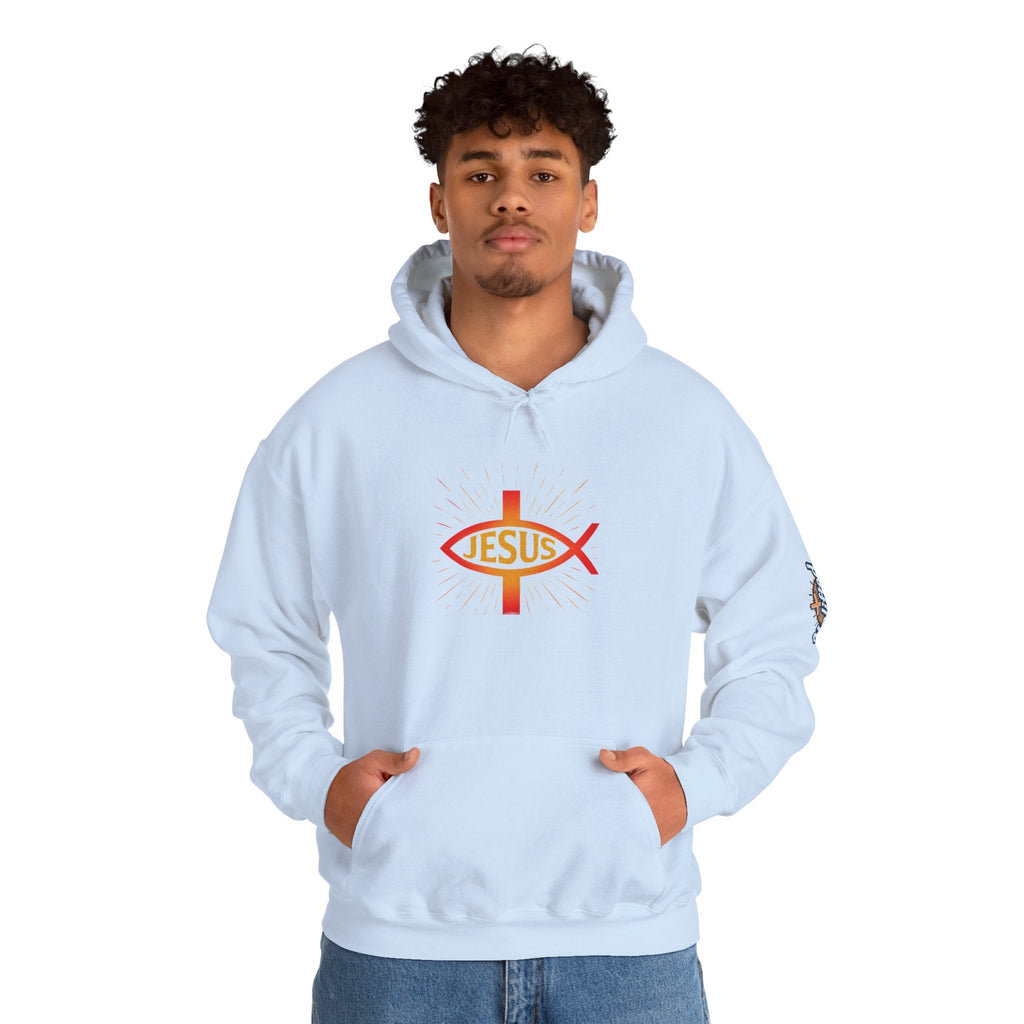 Jesus Ichthys Hoodie – Christian Fish Symbol with Cross & Jesus Inscription Sweatshirt for Eternal Faith & Streetwear Printify
