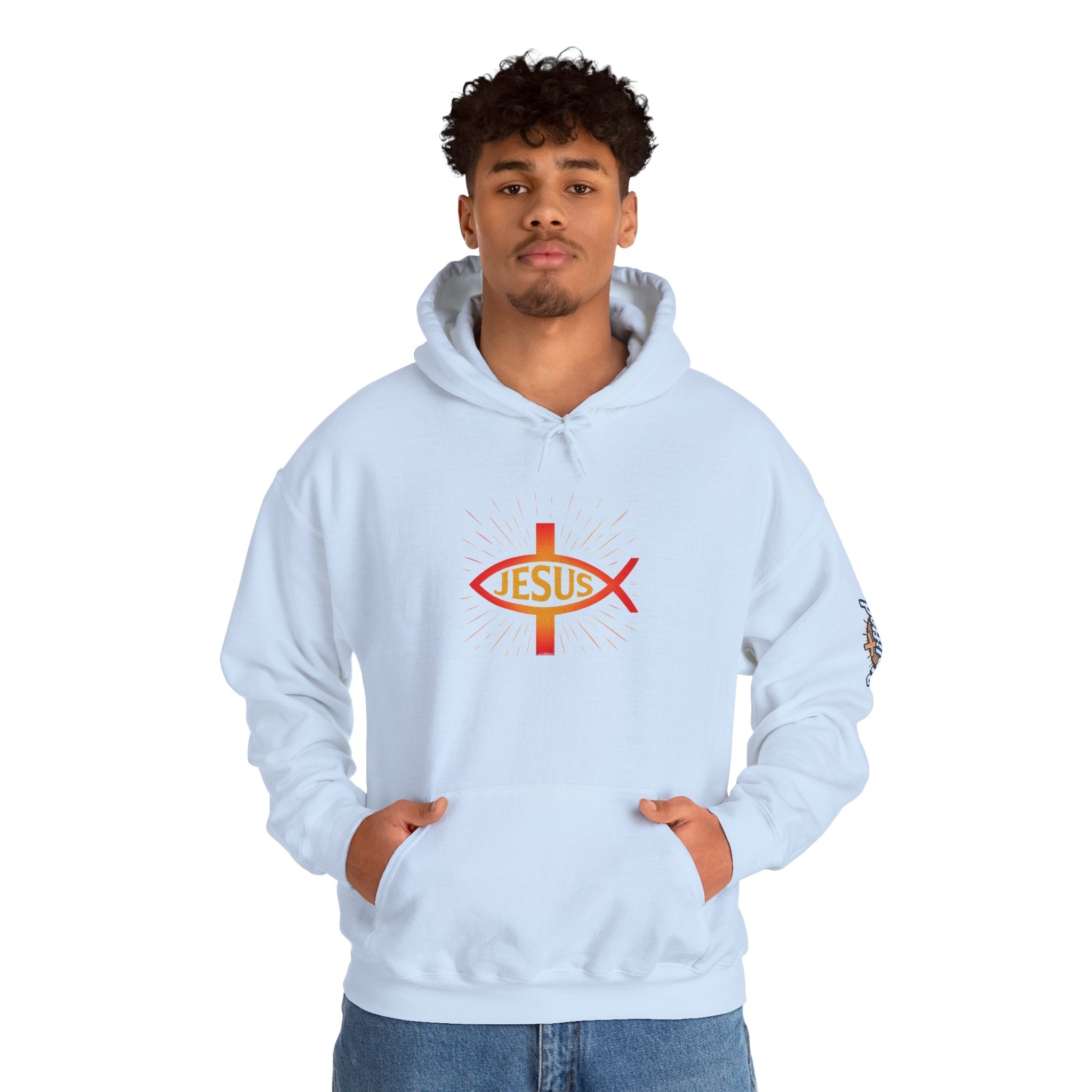 Jesus Ichthys Hoodie – Christian Fish Symbol with Cross & Jesus Inscription Sweatshirt for Eternal Faith & Streetwear Printify
