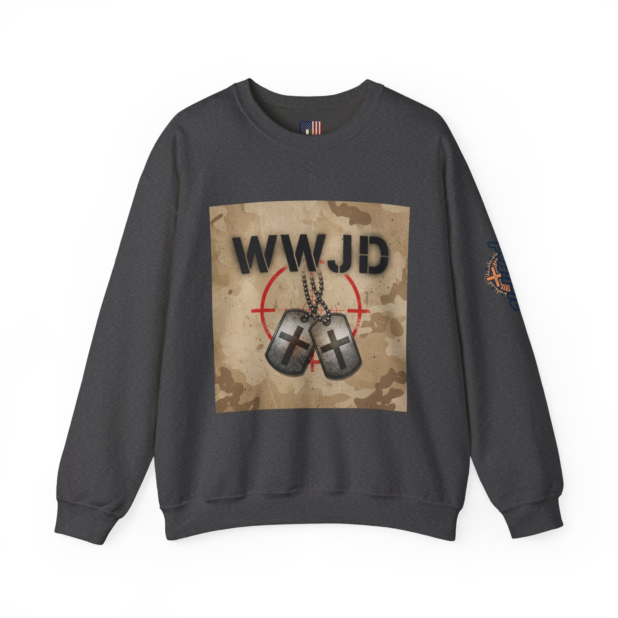 WWJD Sweatshirt – Military Dog Tags What Would Jesus Do Camo Christian Sweatshirt for Bold Faith & Streetwear Printify