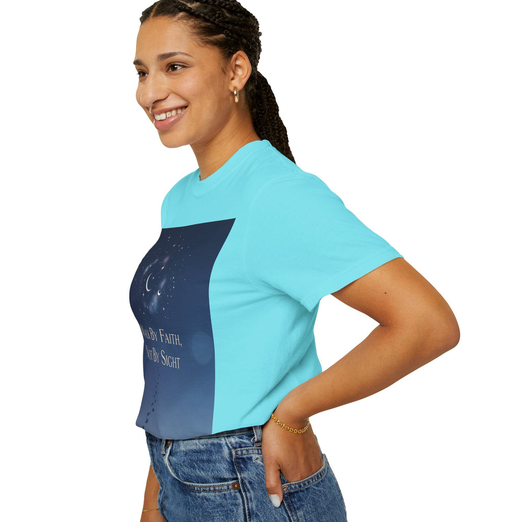 Walk by Faith, Not by Sight T-Shirt – Footprints in the Sand Christian Moonlit Tee Printify