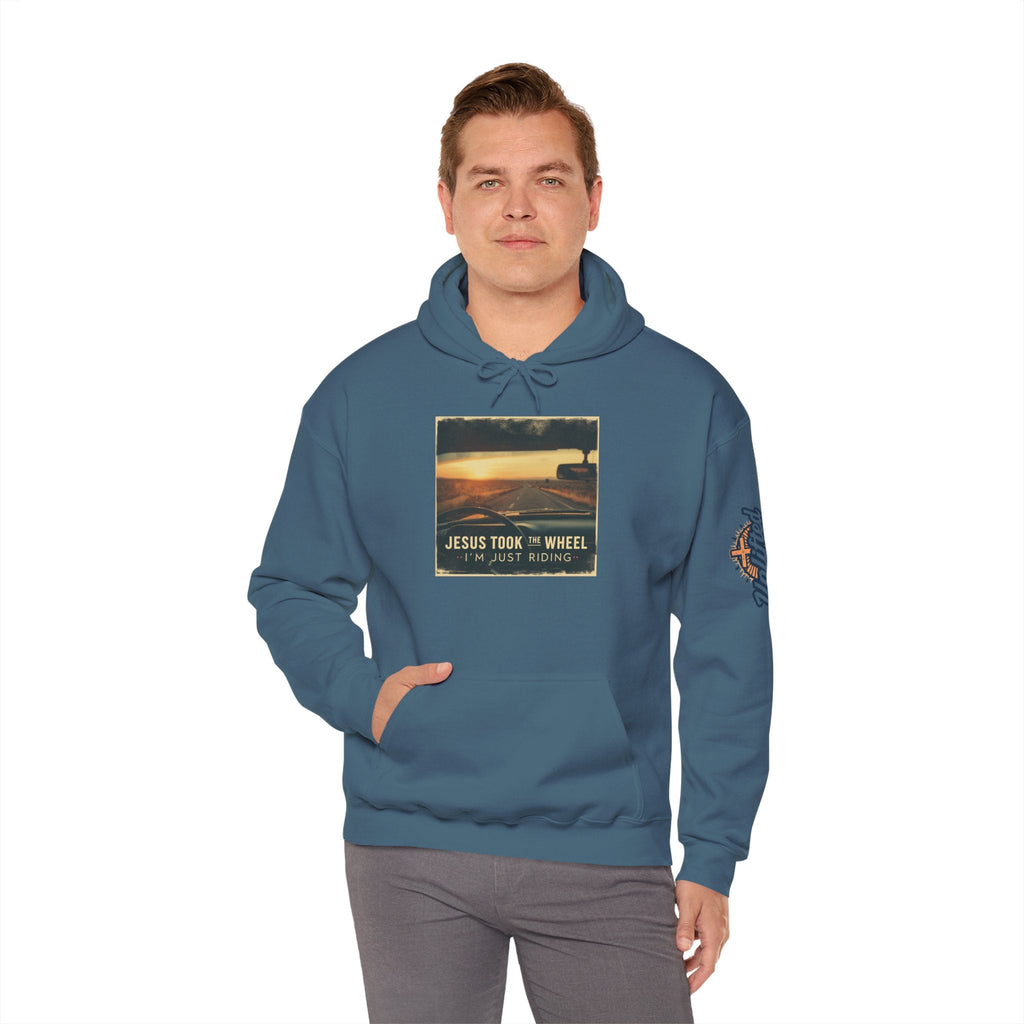 Jesus Took the Wheel I'm Just Riding Hoodie – Funny Christian Convertible Car Sweatshirt for Surrendered Faith & Humor Printify