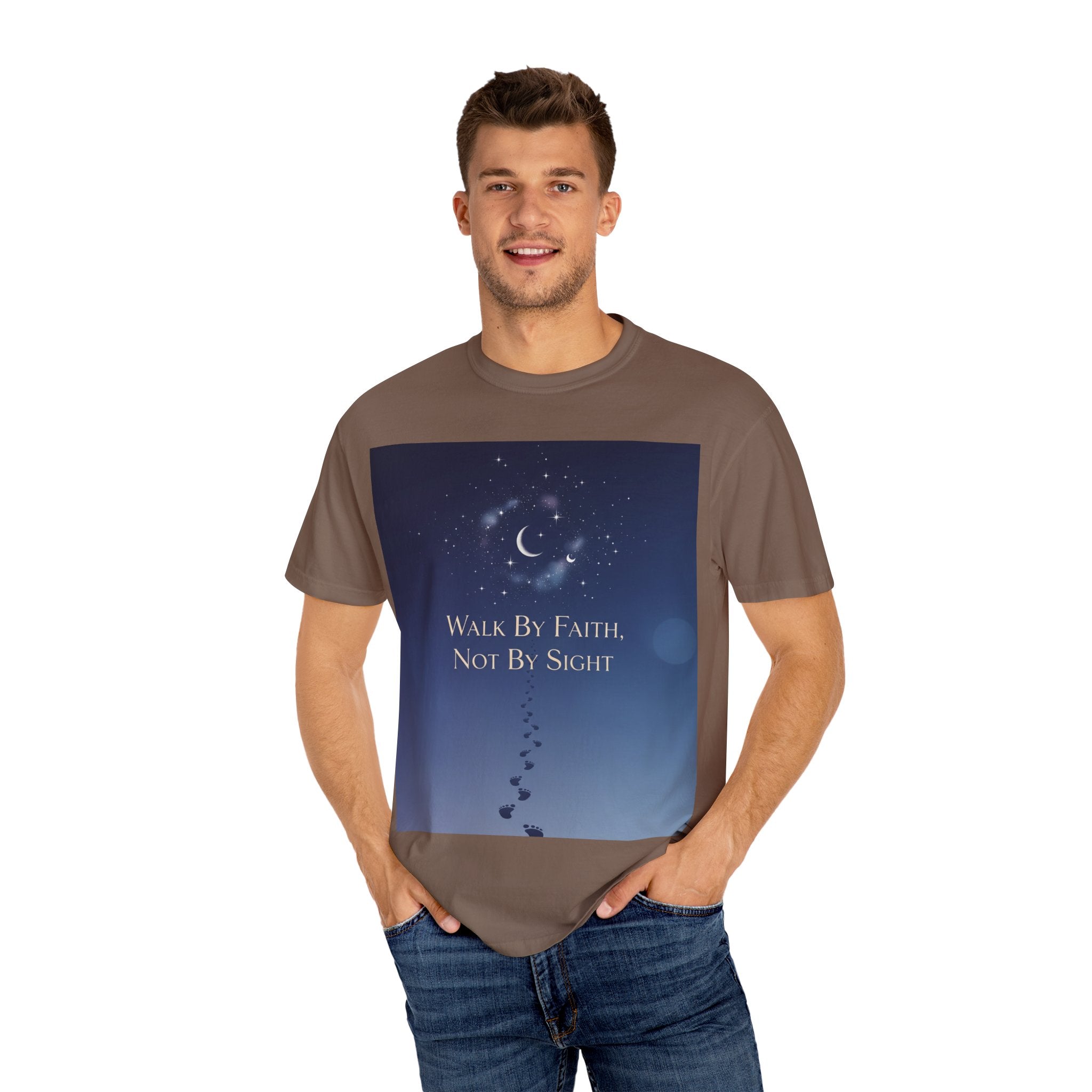 Walk by Faith, Not by Sight T-Shirt – Footprints in the Sand Christian Moonlit Tee Printify