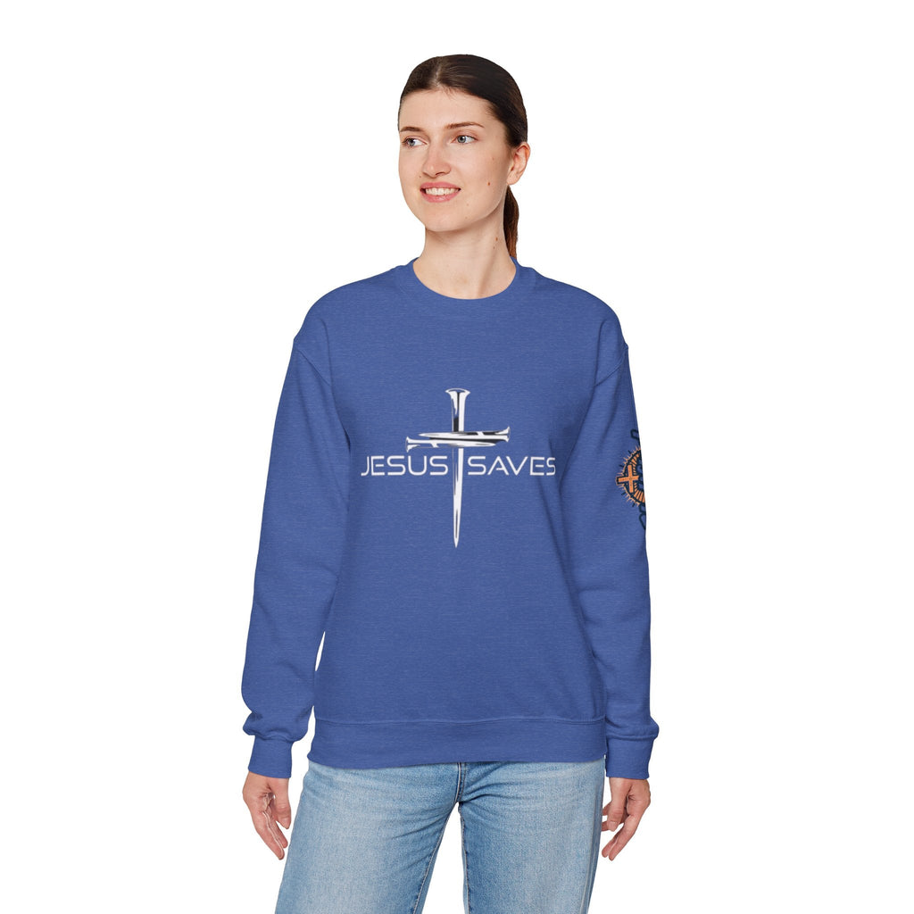 Jesus Saves Sweatshirt – 3 Nails Crucifix Cross Christian Sweatshirt for Redemption Faith & Bold Salvation Printify