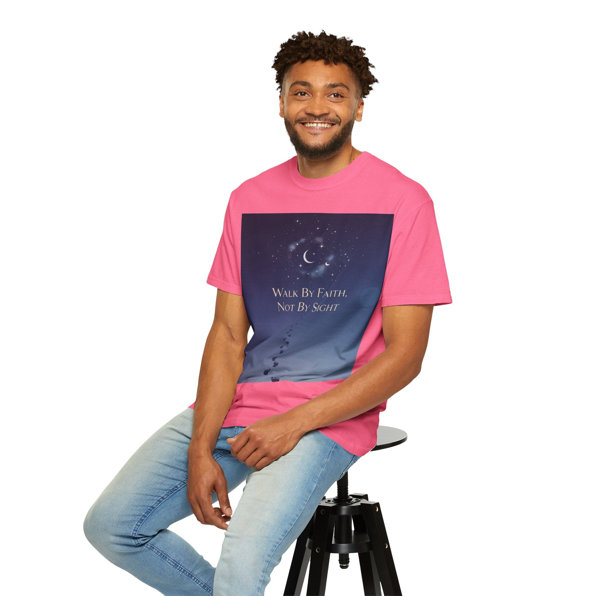 Walk by Faith, Not by Sight T-Shirt – Footprints in the Sand Christian Moonlit Tee Printify