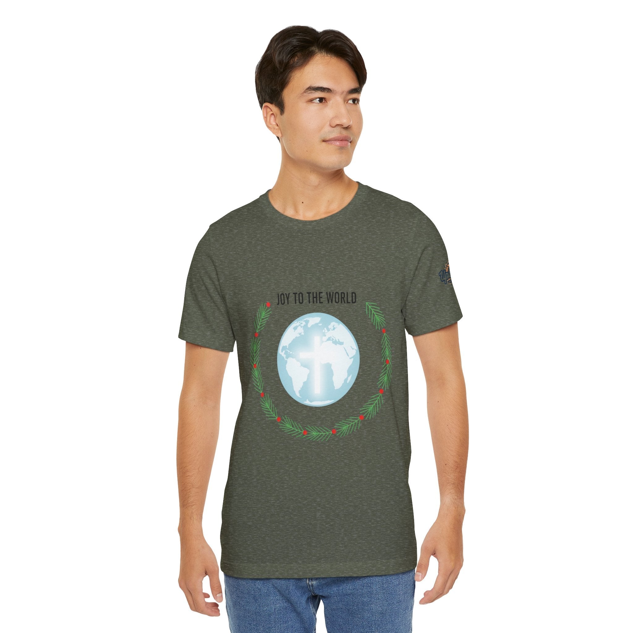 Joy to the World T-shirt – Wreath Earth Nativity Christian Christmas T-shirt for Isaiah 9:6 Holiday Faith & Festive Joy Printify