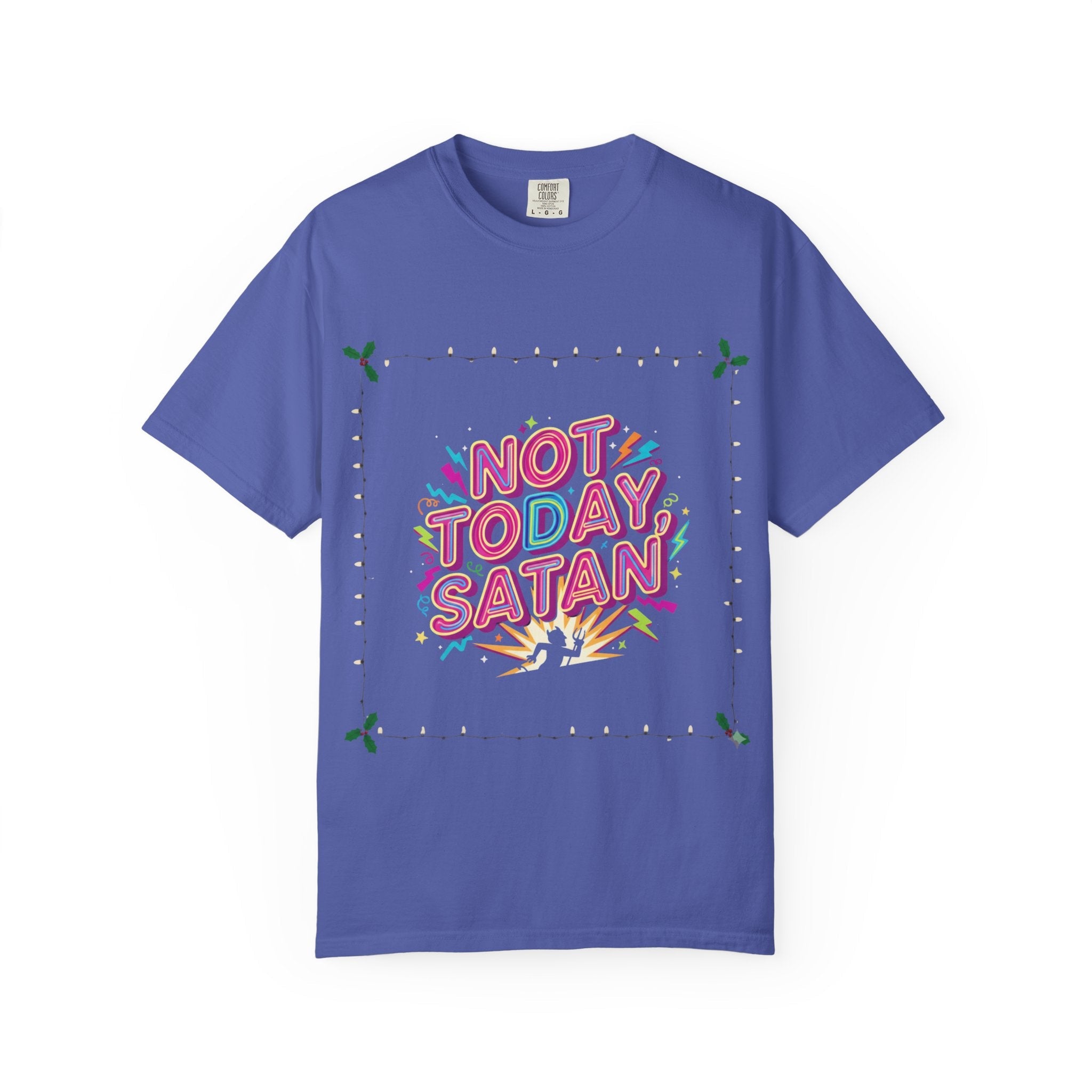 🔥 Not Today, Satan – Retro 90s Christian T-Shirt | Neon Faith Tee | Funky Cartoon Devil | Bold Bible Verse Shirt | Uplifted Gear Printify