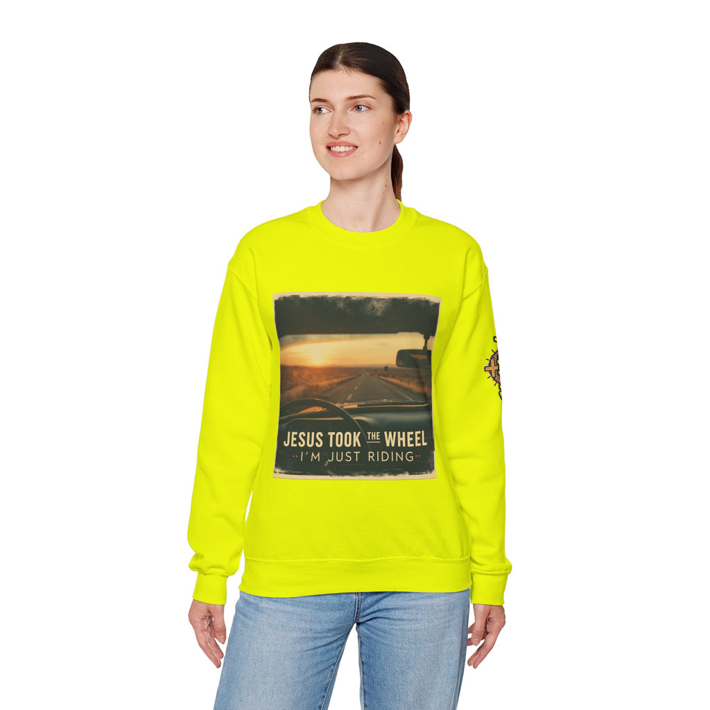 Jesus Took the Wheel I'm Just Riding Sweatshirt – Funny Christian Convertible Car Sweatshirt for Surrendered Faith & Humor