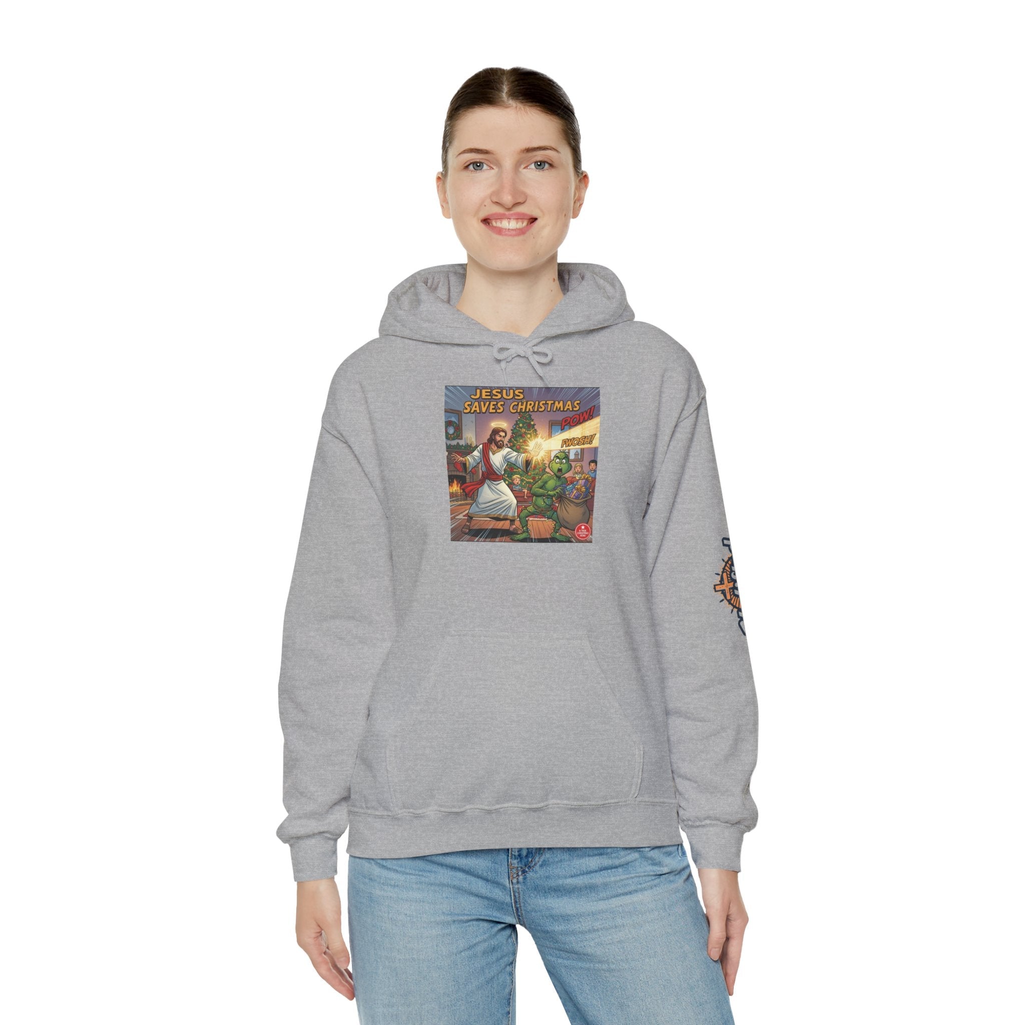 Jesus Saves Christmas Hoodie – Grinch vs Savior Light Battle Christian Sweatshirt for Hilarious Holiday Faith & True Joy Printify