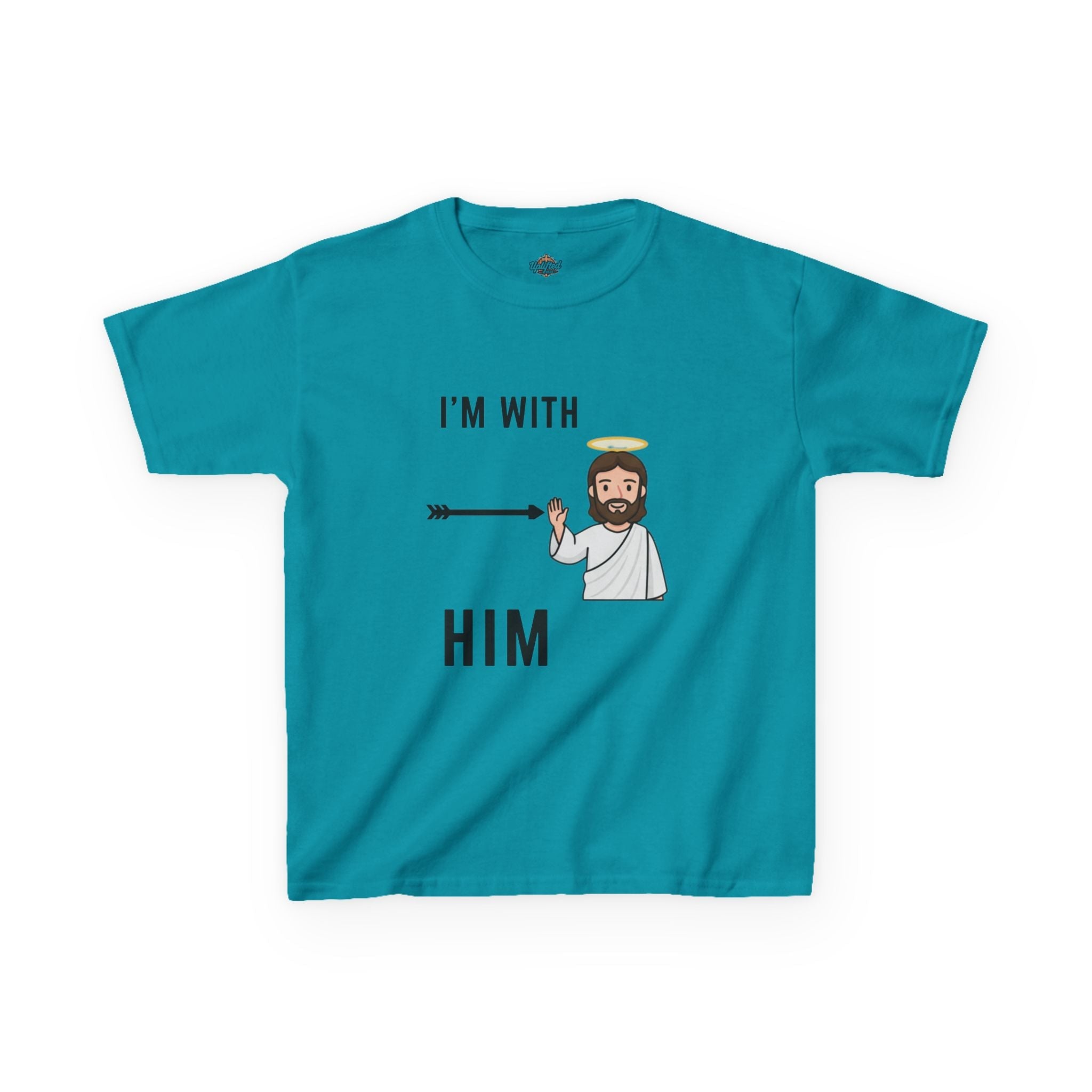 🔥 I’m With Him → Christian Kids T-Shirt | Arrow Pointing to Jesus | Minimalist Faith Tee | Subtle Cross Design | Bible-Inspired Apparel by Uplifted Gear Printify