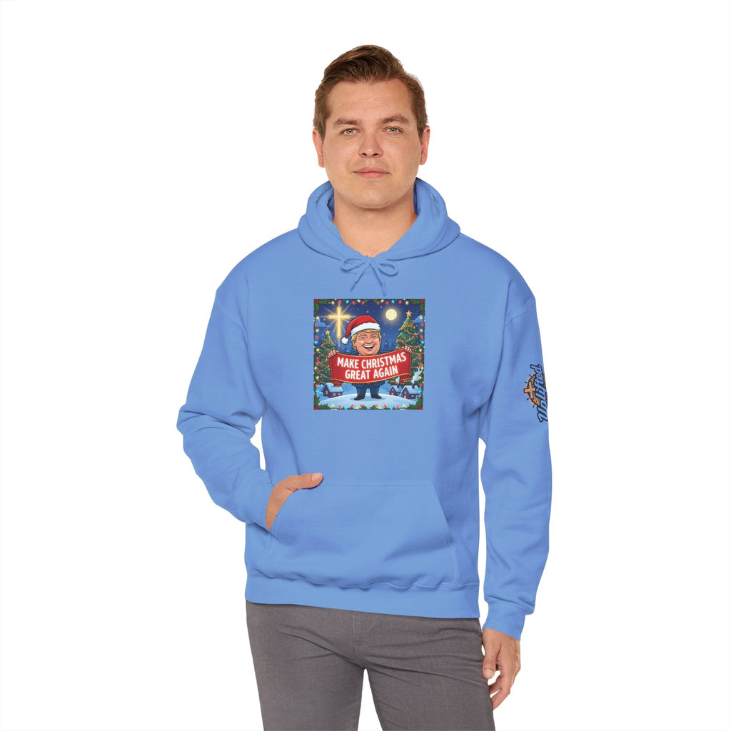 🎄 Make Christmas Great Again – Patriotic Christian Christmas Hoodie | Bold Holiday Faith Tee | Red & White Banner Design | Uplifted Gear Printify