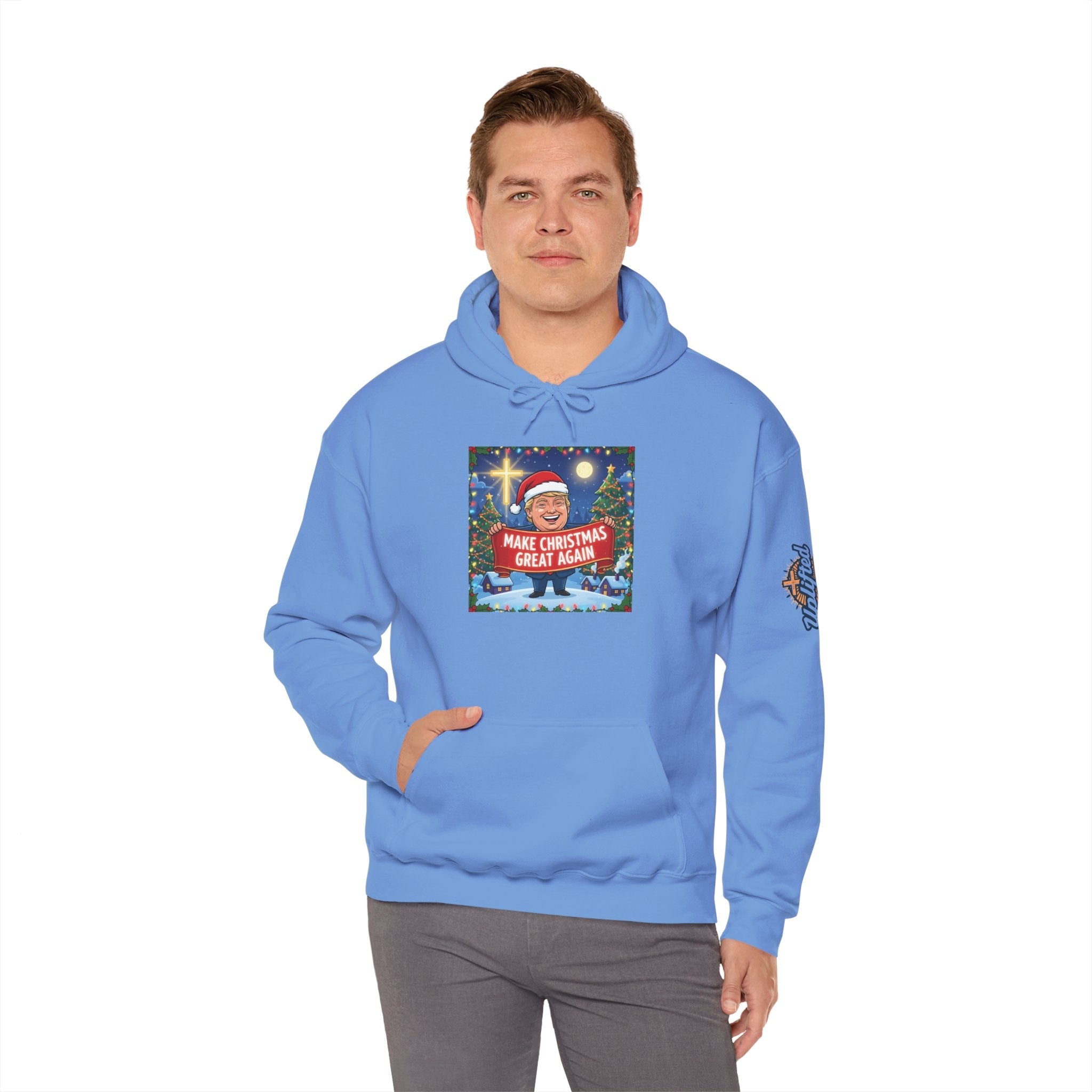 🎄 Make Christmas Great Again – Patriotic Christian Christmas Hoodie | Bold Holiday Faith Tee | Red & White Banner Design | Uplifted Gear Printify