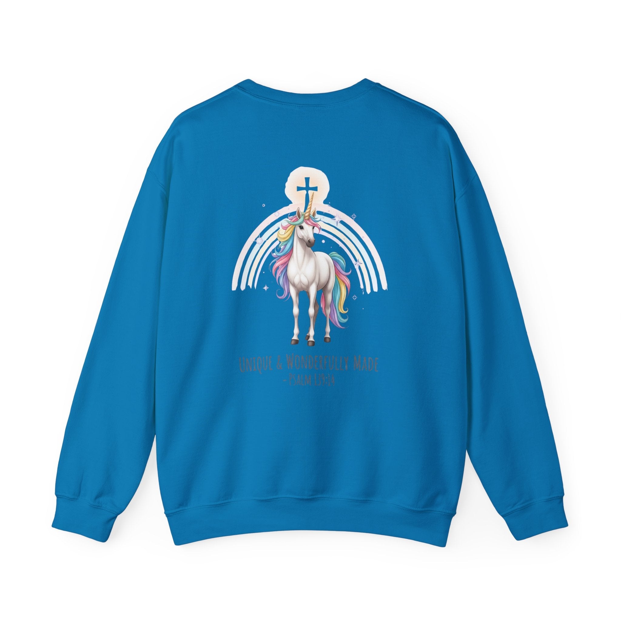 Unique Unicorn Sweatshirt – Rainbow Cross Psalm 139:14 Christian Sweatshirt for Wonderfully Made Printify