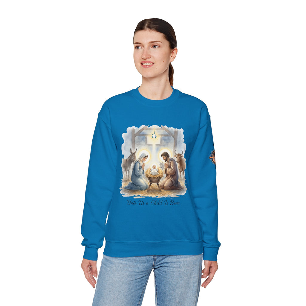 Unto Us a Child is Born Sweatshirt – Isaiah 9:6 Nativity Manger Scene Christian Christmas Sweatshirt for Holy Night Faith Printify