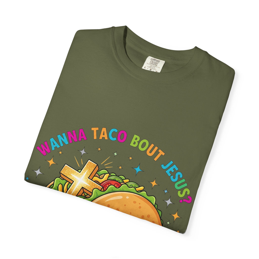 Wanna Taco 'Bout Jesus? Funny Christian Pun T-Shirt – Lettuce Pray & Share Faith! Printify