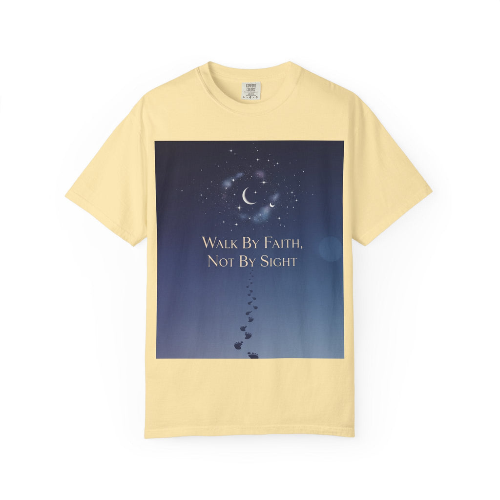 Walk by Faith, Not by Sight T-Shirt – Footprints in the Sand Christian Moonlit Tee Printify