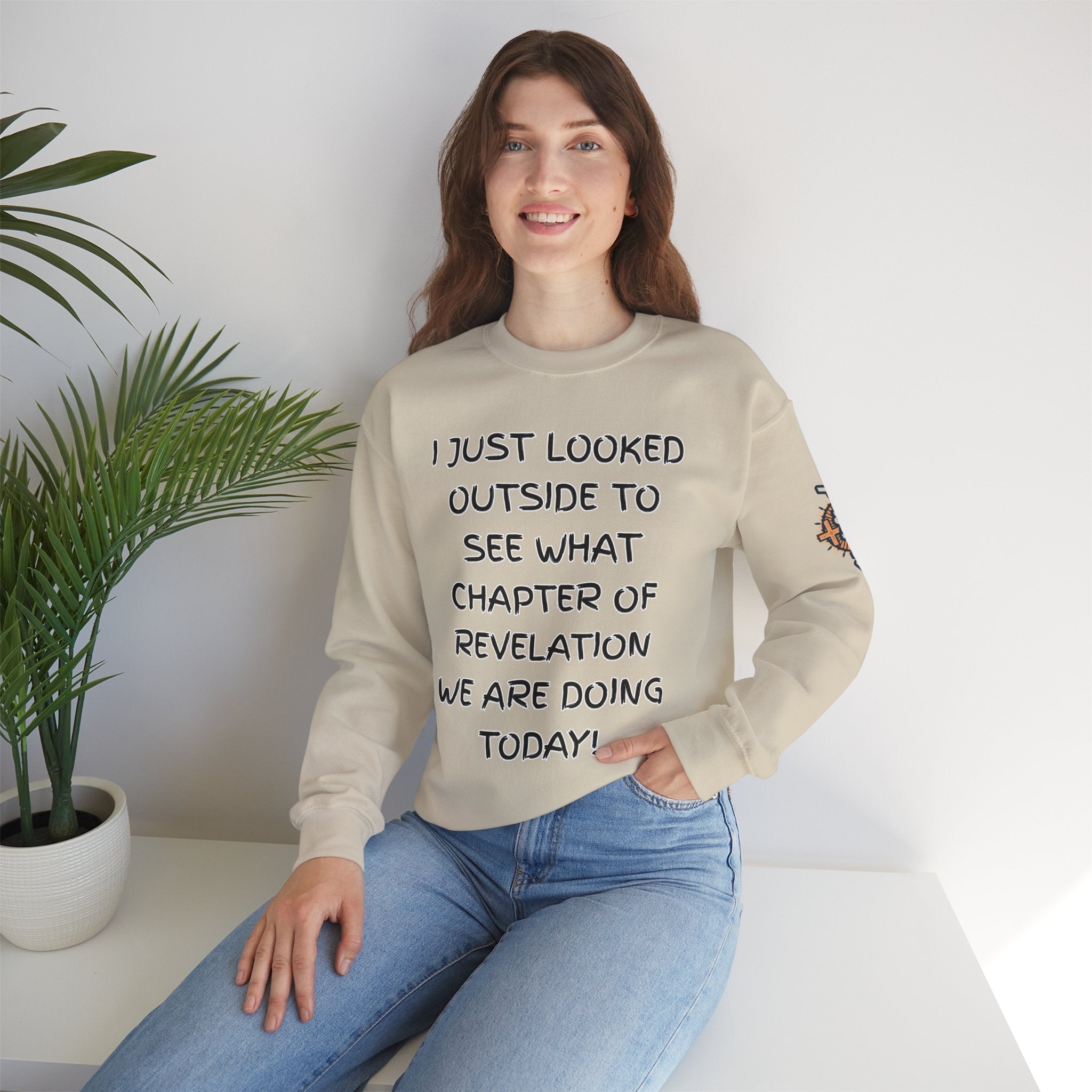 What Chapter of Revelation Sweatshirt – I Looked Outside My Window Christian Sweatshirt for End Times Humor & Faith Printify