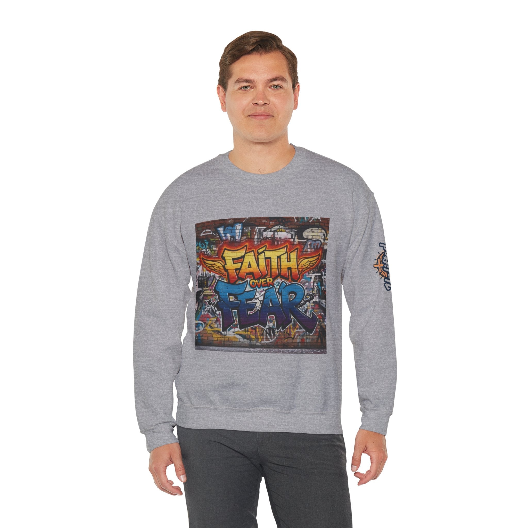 Faith Over Fear Sweatshirt – Graffiti Wall Christian Sweatshirt for Bold 2 Corinthians 5:7 Streetwear & Unshakable Faith Printify