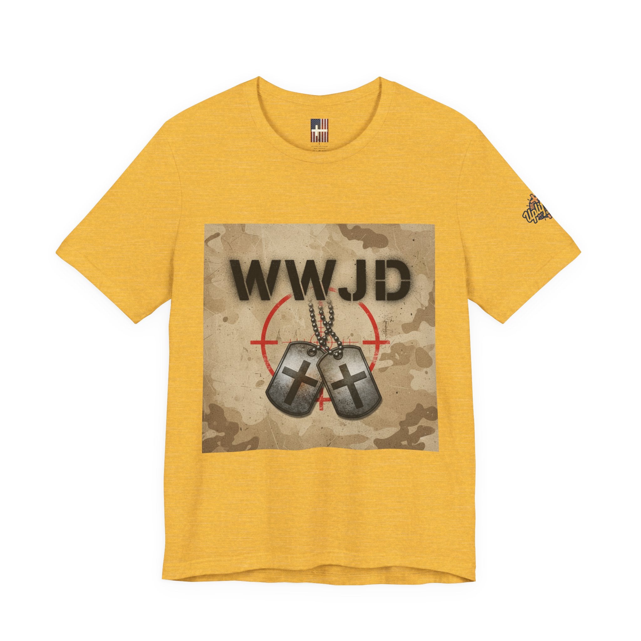 WWJD T-shirt – Military Dog Tags What Would Jesus Do Camo Christian T-shirt for Bold Faith & Streetwear Printify