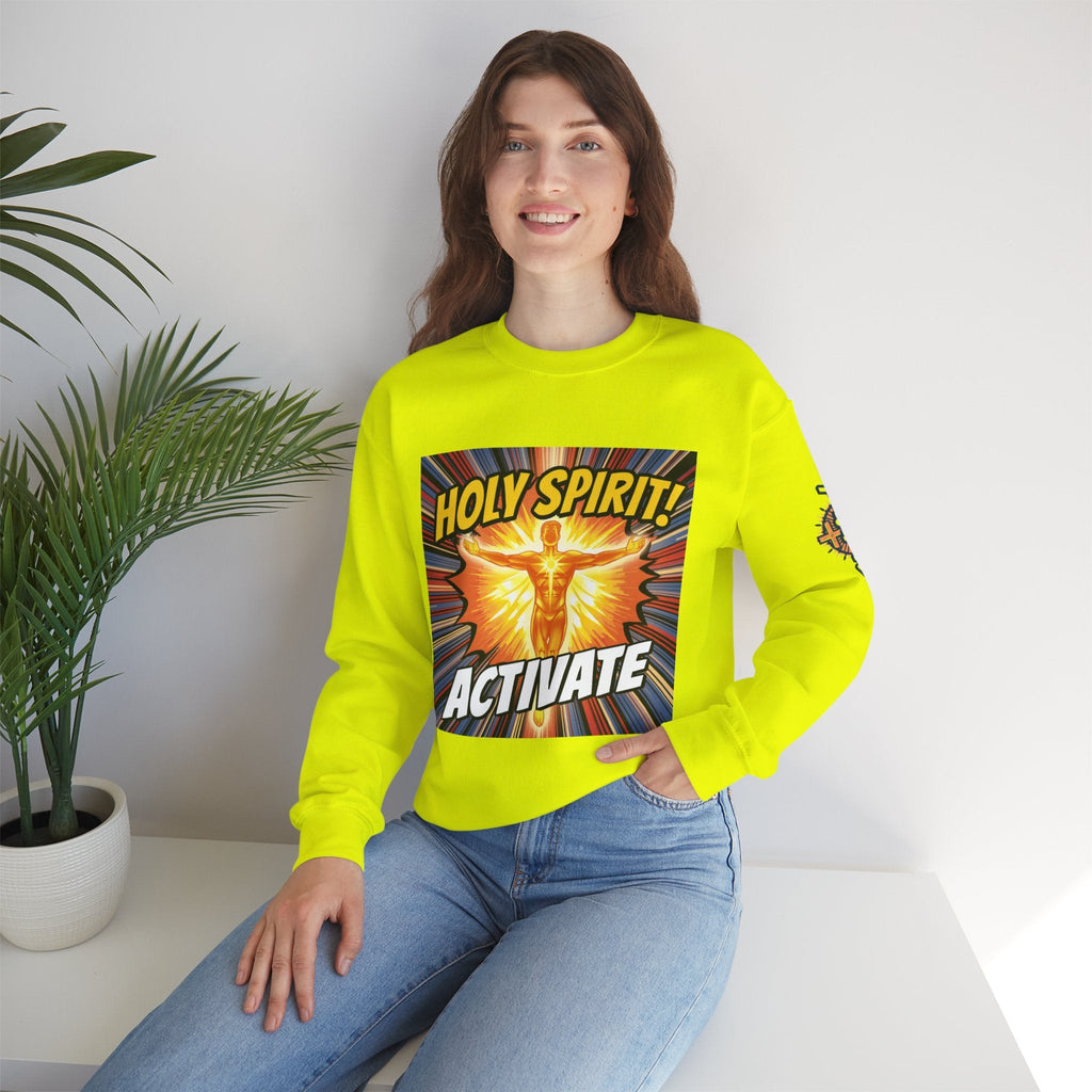 Holy Spirit Activate Sweatshirt – Superhero Christian Sweatshirt with Vibrant Power-Up Design for Faith-Fueled Boldness Printify