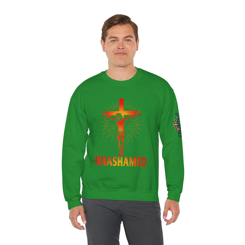 Unashamed Sweatshirt – Romans 1:16 Crucifixion Christian Sweatshirt for Bold Unwavering Faith Printify