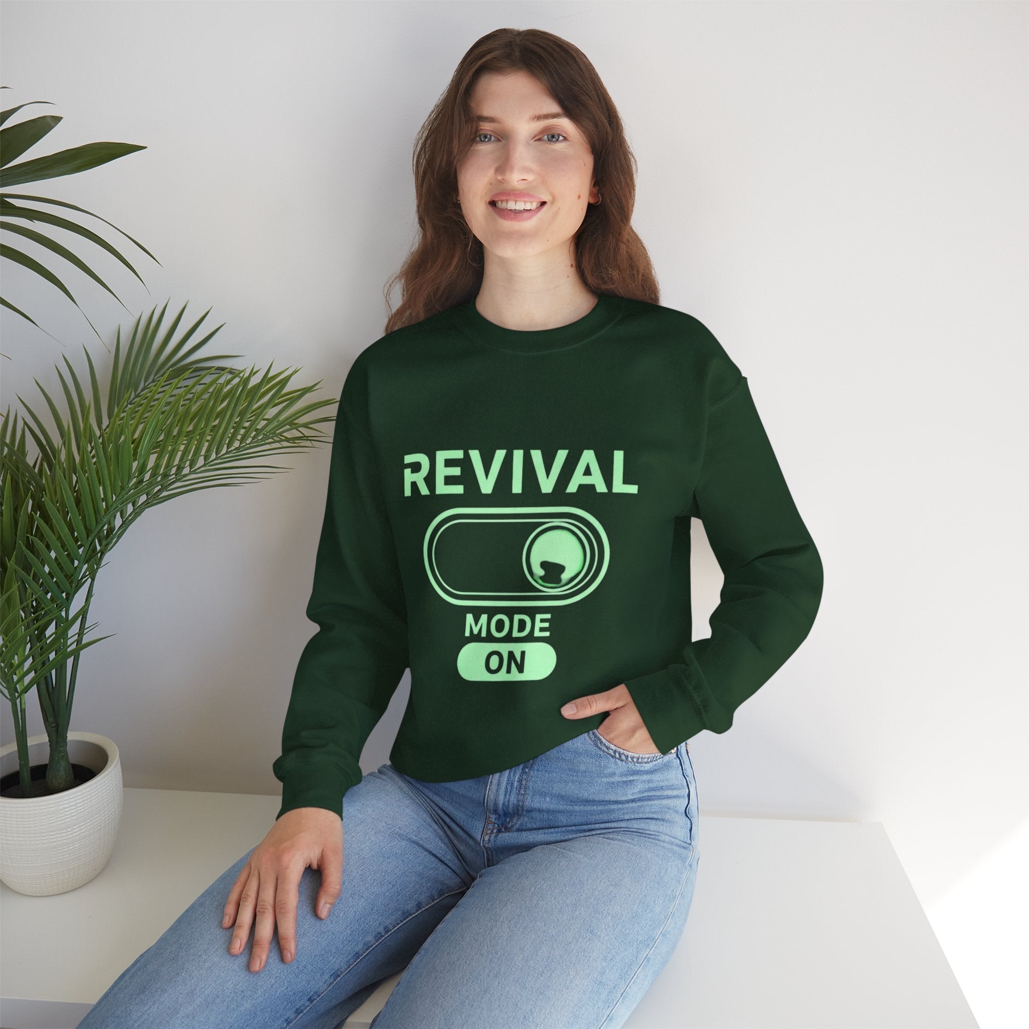 🔥 Revival Mode: ON – Christian Techwear Sweatshirt | Glowing Green Faith Switch | Futuristic Jesus Shirt | Activate Your Spiritual Awakening | Uplifted Gear Printify