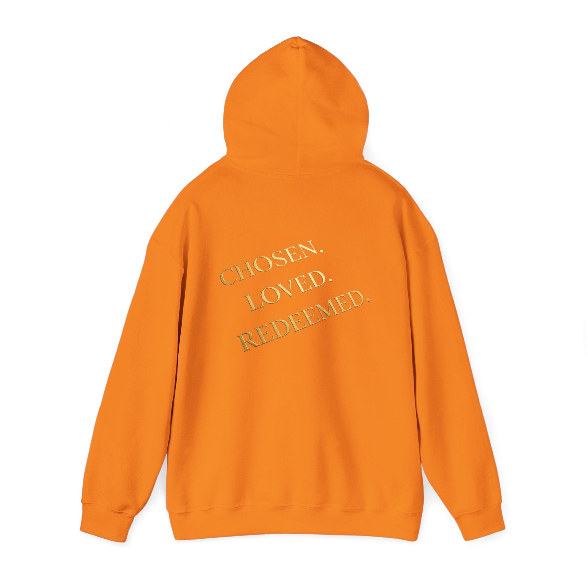✨ Chosen. Loved. Redeemed. – Elegant Christian Hoodie | Gold Foil Faith Tee | Subtle Cross & Heart Design | Inspirational Bible Verse Apparel by Uplifted Gear Printify