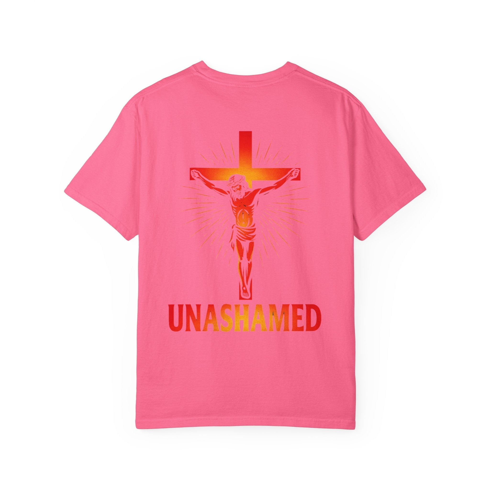 Unashamed T-shirt – Romans 1:16 Crucifixion Christian t-shirt for Bold Unwavering Faith Red Printify