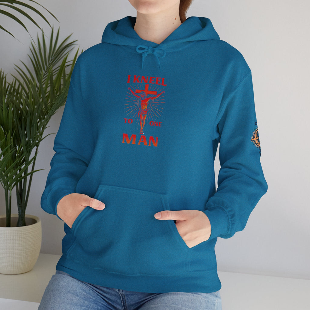 I Kneel to One Man Hoodie – Crucifixion Christian Sweatshirt for Unashamed Devotion & Bold Faith Printify