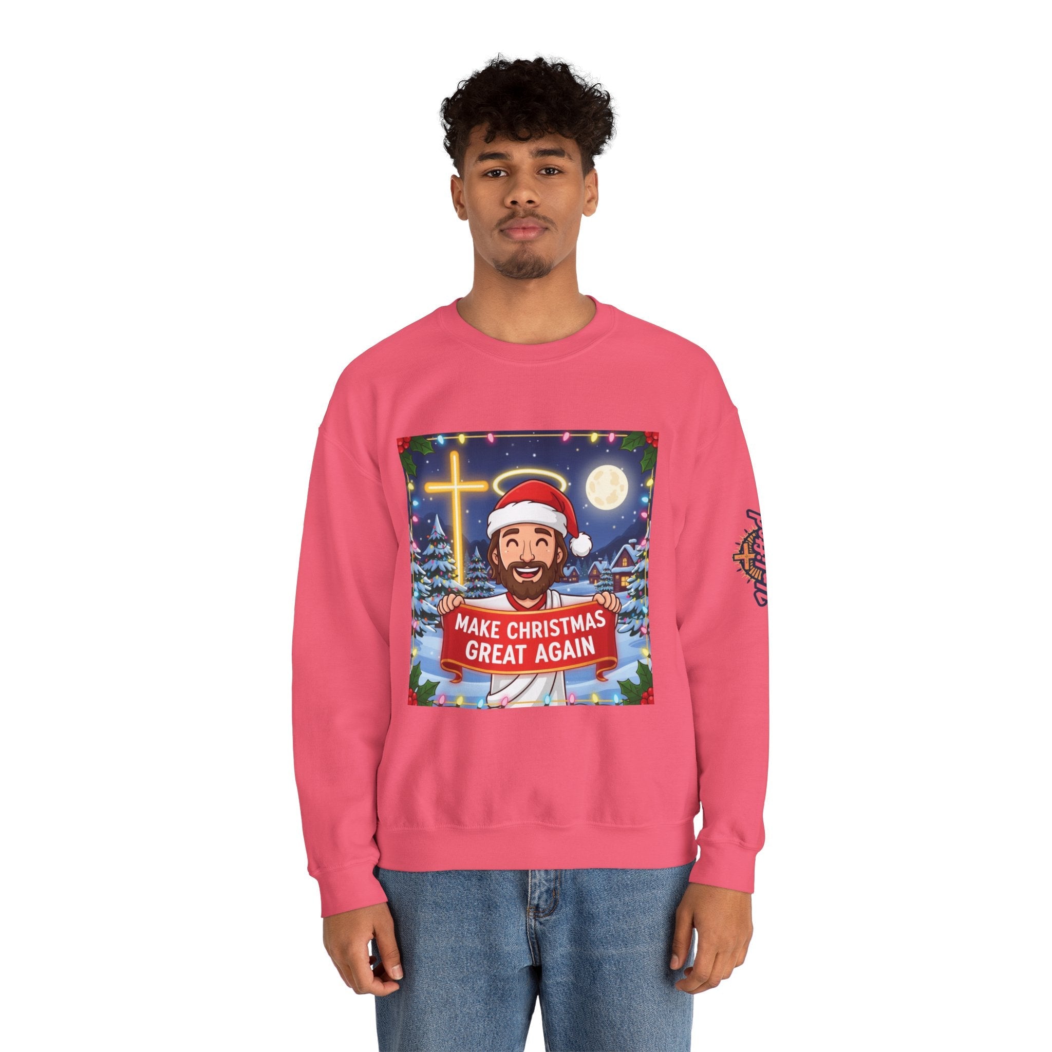 🎄 Make Christmas Great Again – Funny Christian Sweatshirt | Jesus Holding Banner | Faith-Based Holiday Parody Tee | Uplifted Gear Printify