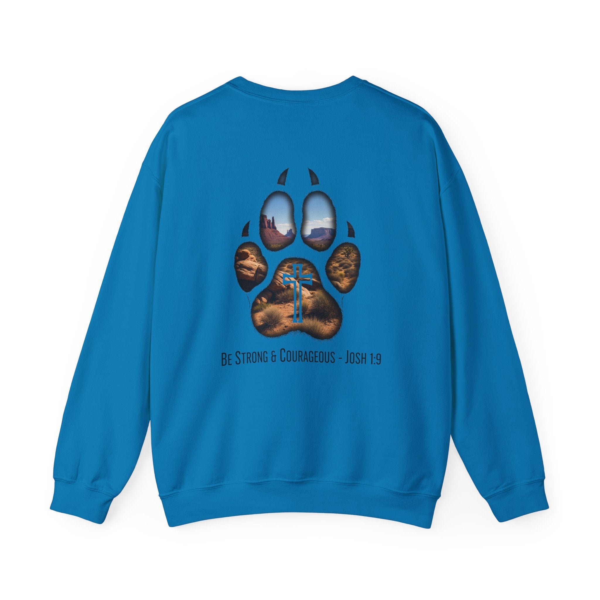 Strong and Courageous Sweatshirt – Joshua 1:9 Canine Pawprint Desert Christian Sweatshirt for Dog Lovers Printify