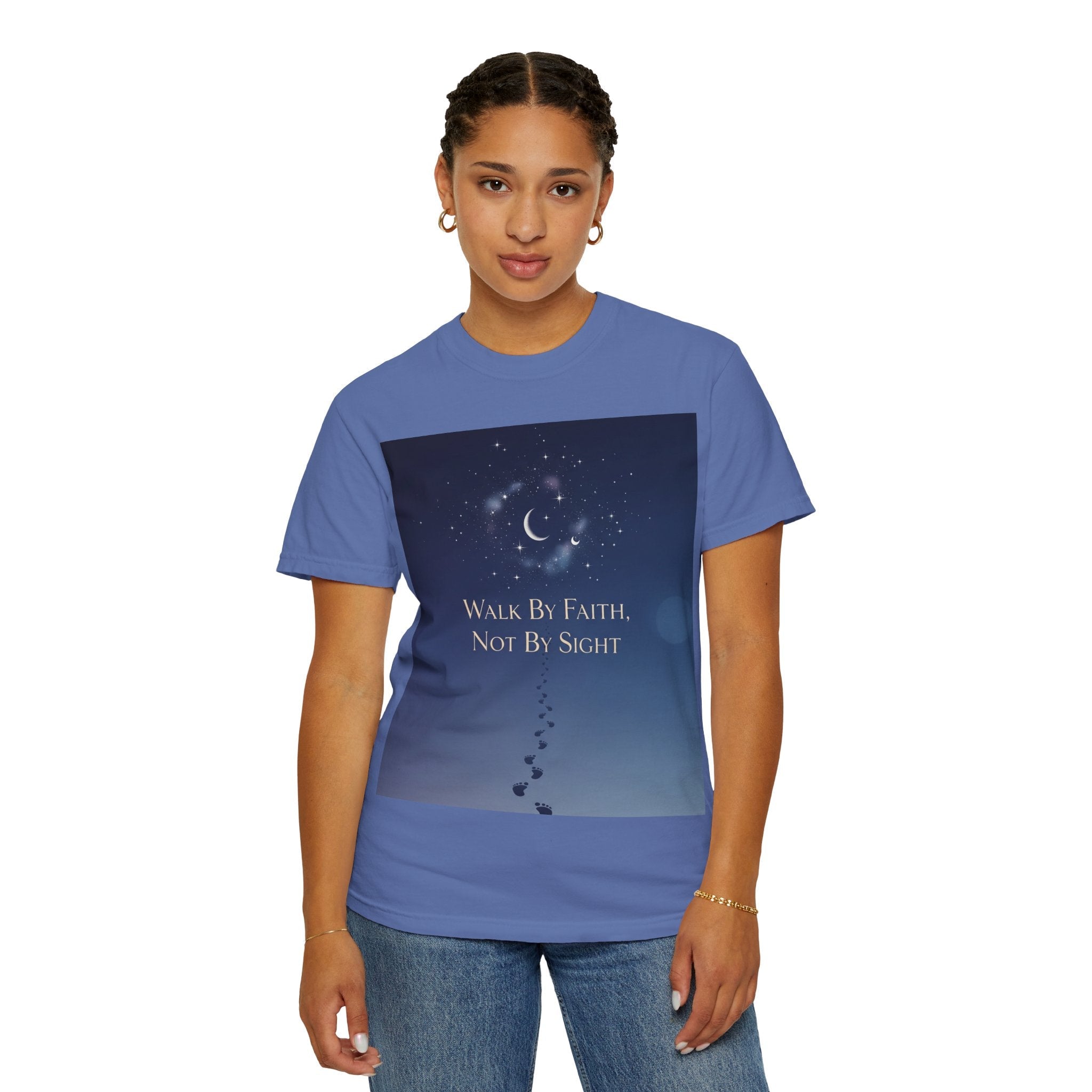 Walk by Faith, Not by Sight T-Shirt – Footprints in the Sand Christian Moonlit Tee Printify