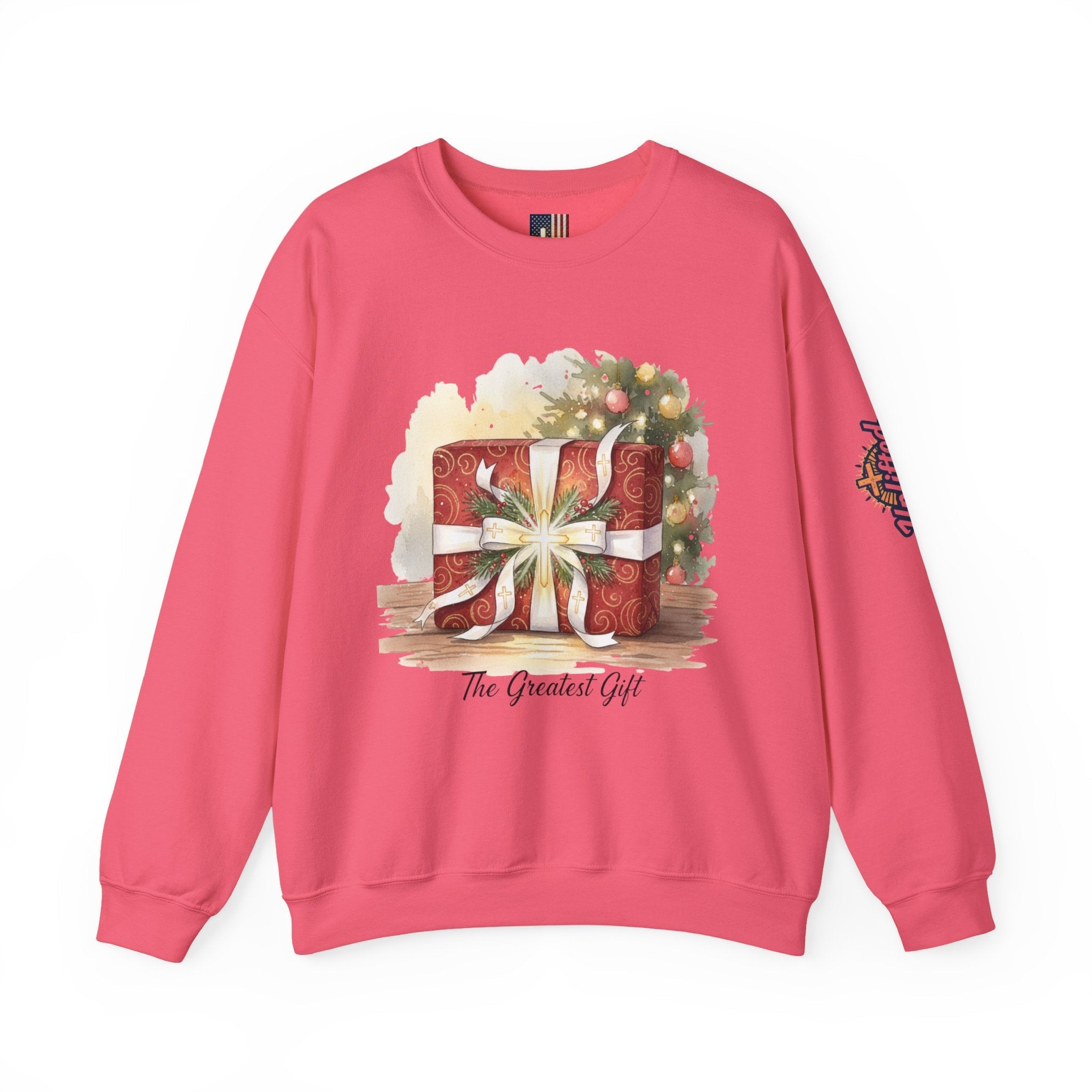 The Greatest Gift Sweatshirt – Cross Bow Present Christian Sweatshirt for Christmas Salvation & Eternal Faith Printify