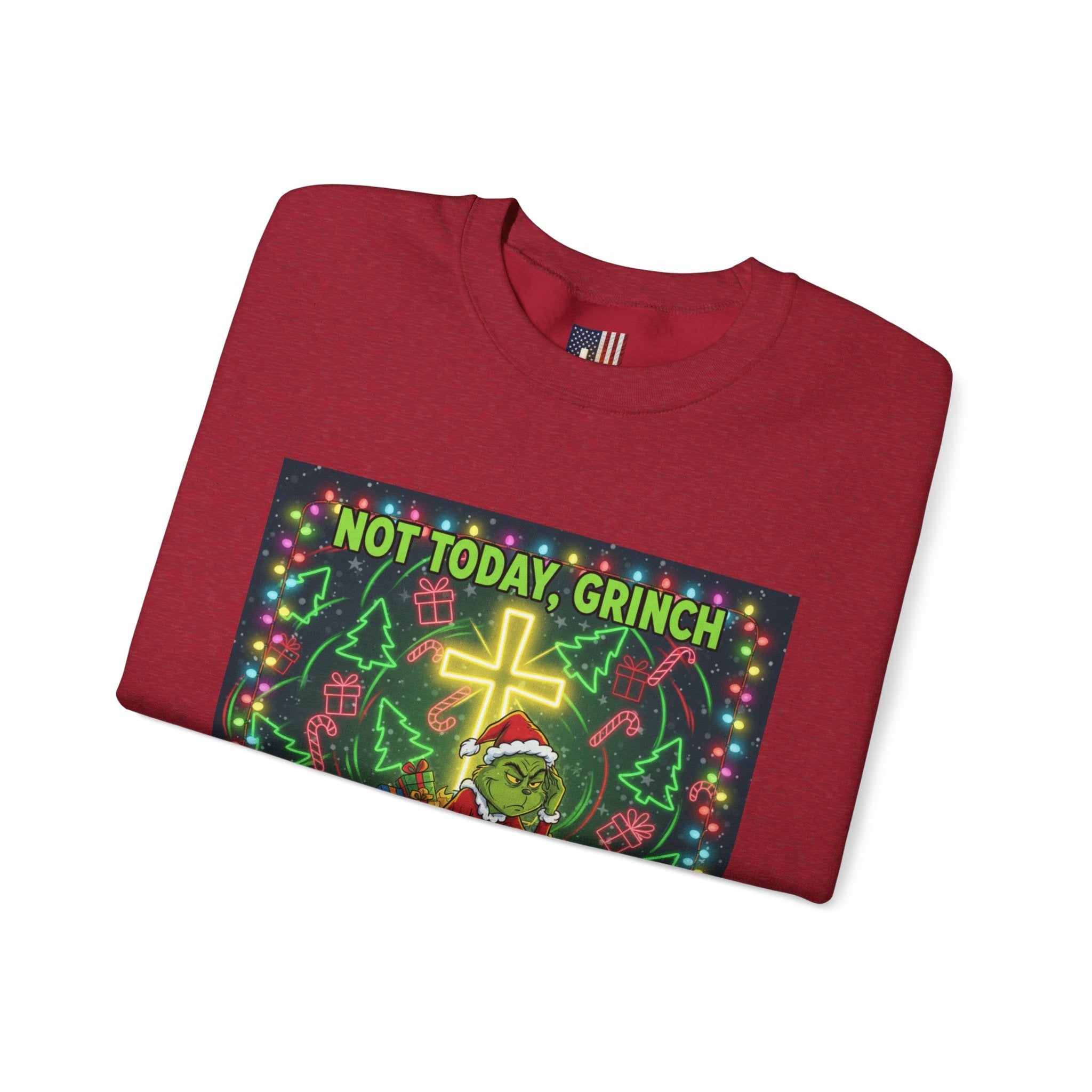 🎄 Not Today, Grinch – Jesus Saves | Funny Christian Christmas Sweatshirt | Festive Green & Red Cartoon Style | Bold Faith Holiday Tee by Uplifted Gear Printify