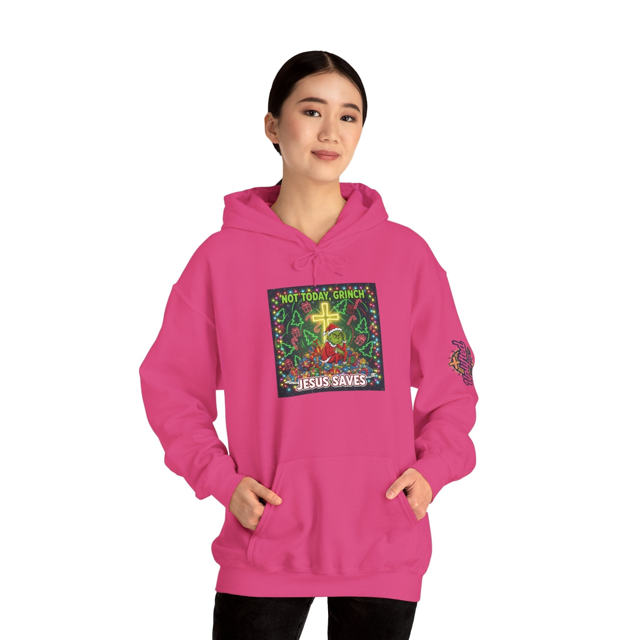 🎄 Not Today, Grinch – Jesus Saves | Funny Christian Christmas Hoodie | Festive Green & Red Cartoon Style | Bold Faith Holiday Tee by Uplifted Gear Printify