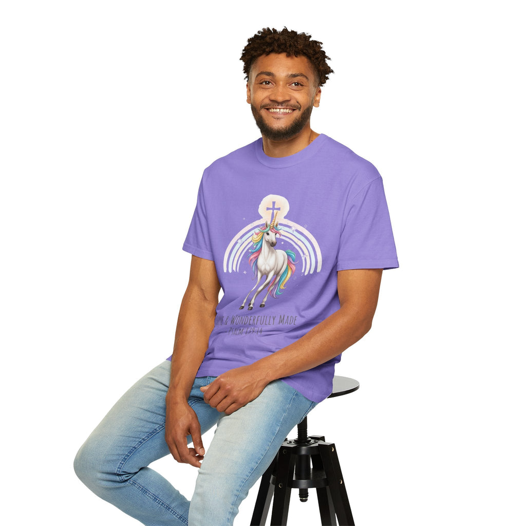 Unique Unicorn Christian T-Shirt – Wonderfully Made with Rainbow Cross & Psalm 139:14 Printify