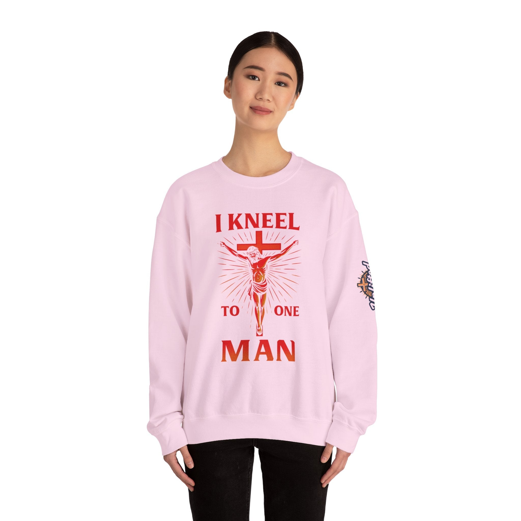 I Kneel to One Man Sweatshirt – Crucifixion Christian Sweatshirt for Unashamed Devotion & Bold Faith Printify