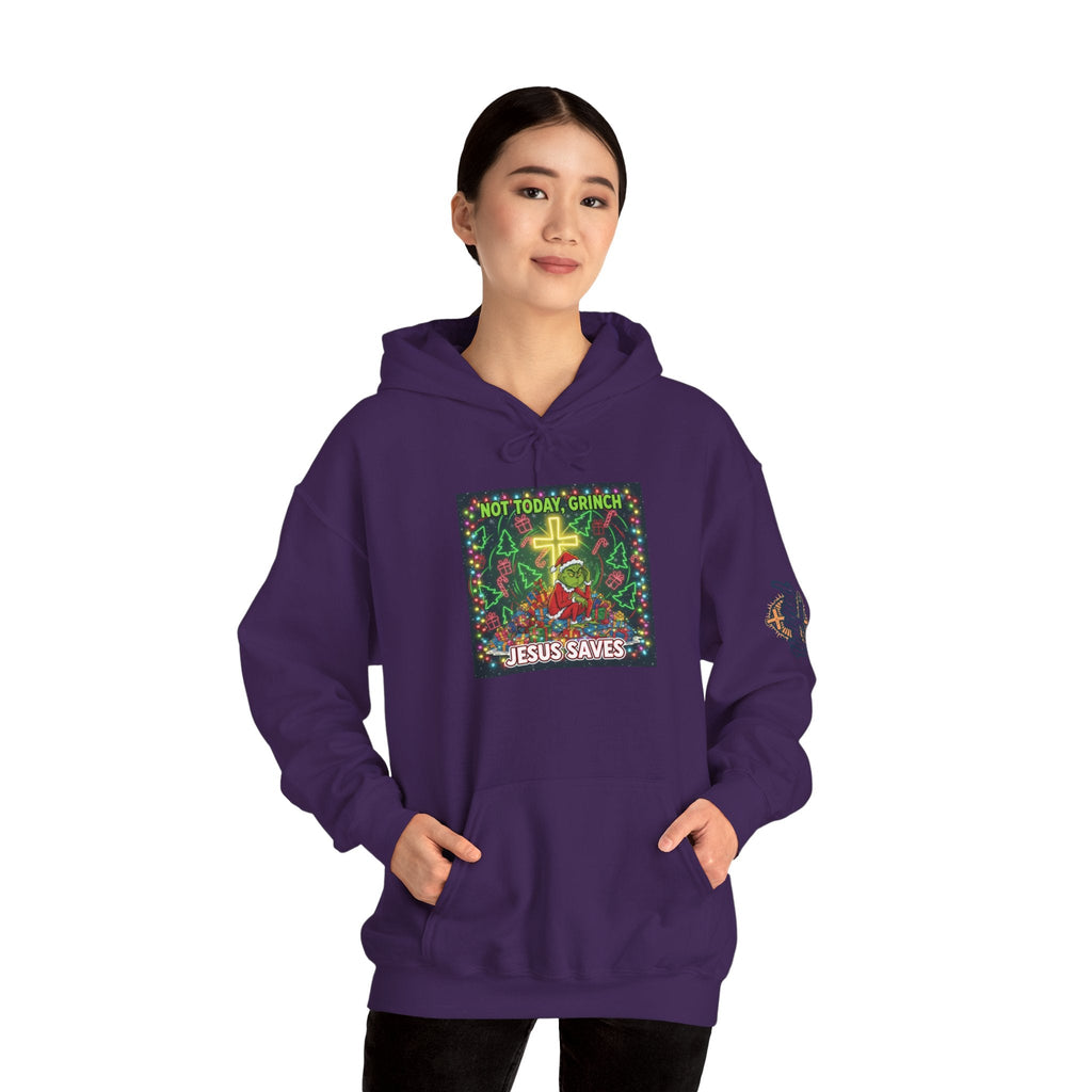 🎄 Not Today, Grinch – Jesus Saves | Funny Christian Christmas Hoodie | Festive Green & Red Cartoon Style | Bold Faith Holiday Tee by Uplifted Gear Printify