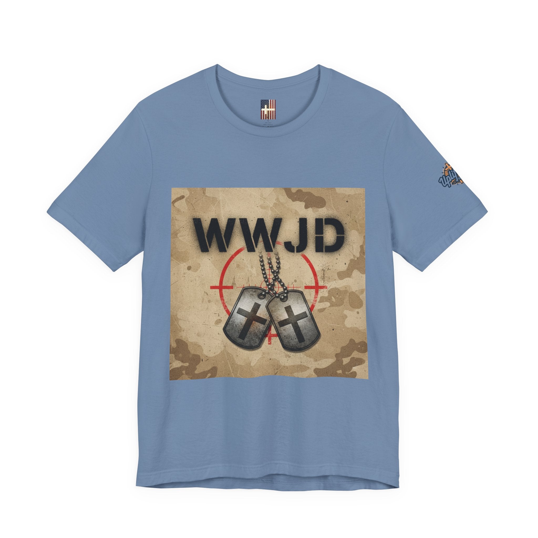 WWJD T-shirt – Military Dog Tags What Would Jesus Do Camo Christian T-shirt for Bold Faith & Streetwear Printify