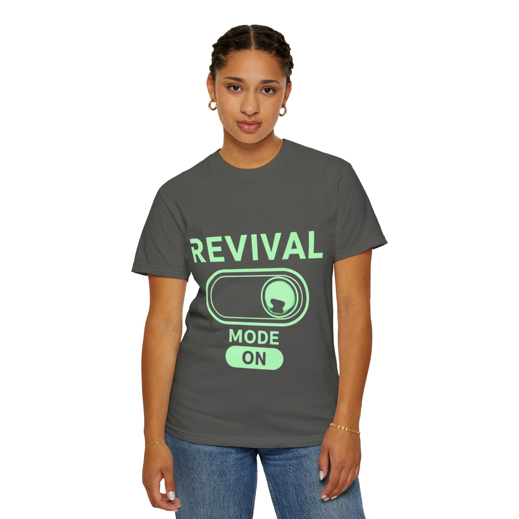 🔥 Revival Mode: ON – Christian Techwear T-Shirt | Glowing Green Faith Switch | Futuristic Jesus Shirt | Activate Your Spiritual Awakening | Uplifted Gear Printify