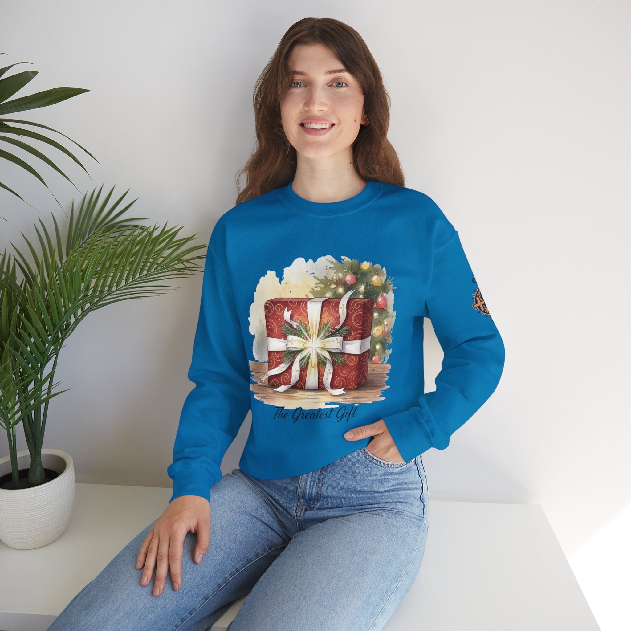The Greatest Gift Sweatshirt – Cross Bow Present Christian Sweatshirt for Christmas Salvation & Eternal Faith Printify