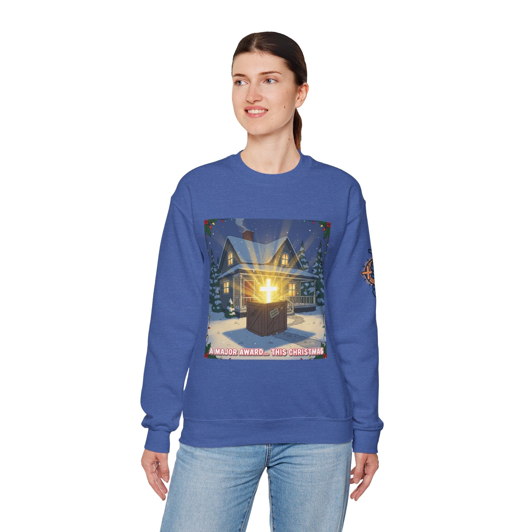 A Major Award This Christmas Sweatshirt – Fragile Leg Lamp Parody Cross Unboxing Christian Sweatshirt for Hilarious Faith & Holiday Glow Printify