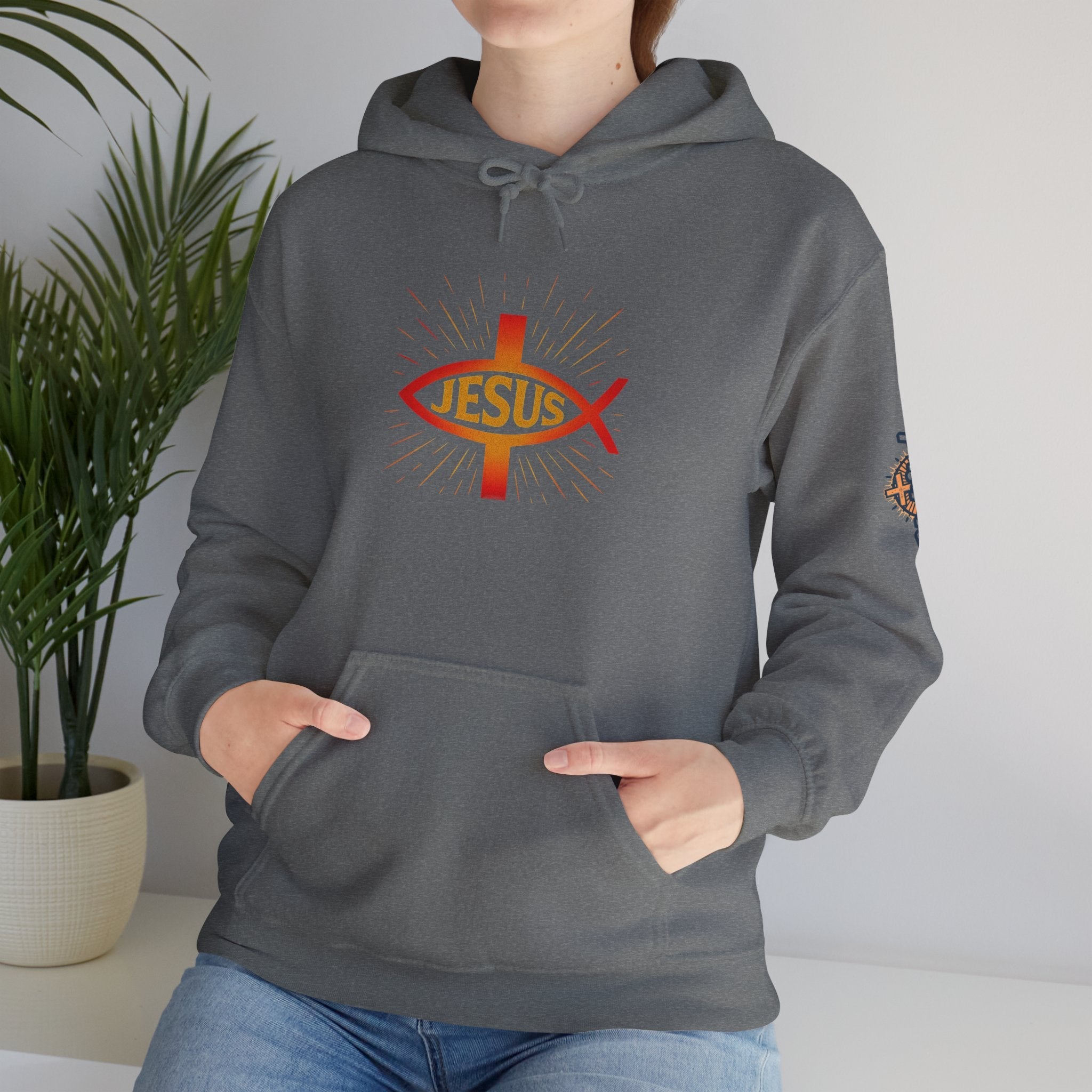Jesus Ichthys Hoodie – Christian Fish Symbol with Cross & Jesus Inscription Sweatshirt for Eternal Faith & Streetwear Printify