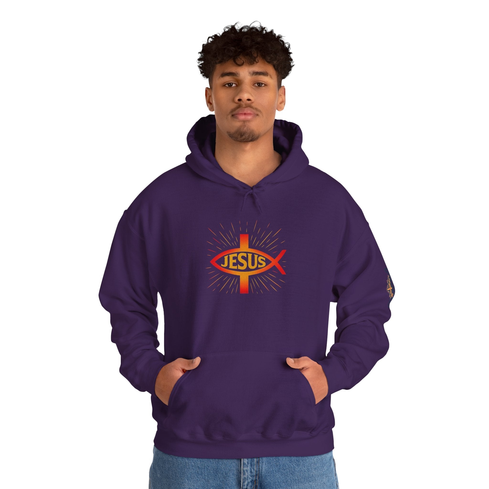 Jesus Ichthys Hoodie – Christian Fish Symbol with Cross & Jesus Inscription Sweatshirt for Eternal Faith & Streetwear Printify