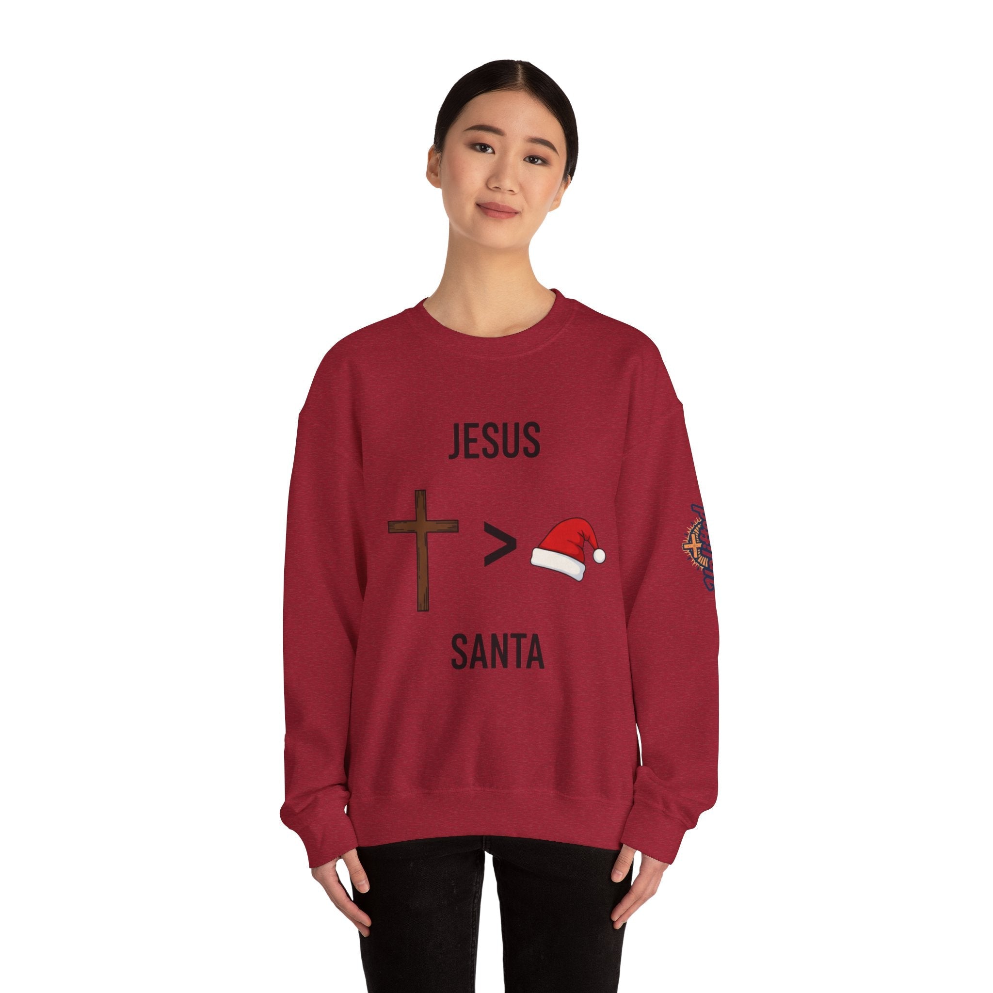 🎄 Jesus > Santa – Minimalist Christian Christmas Sweatshirt | Bold Faith Over Holiday Tee | Cross vs Santa Hat Design | Uplifted Gear Printify